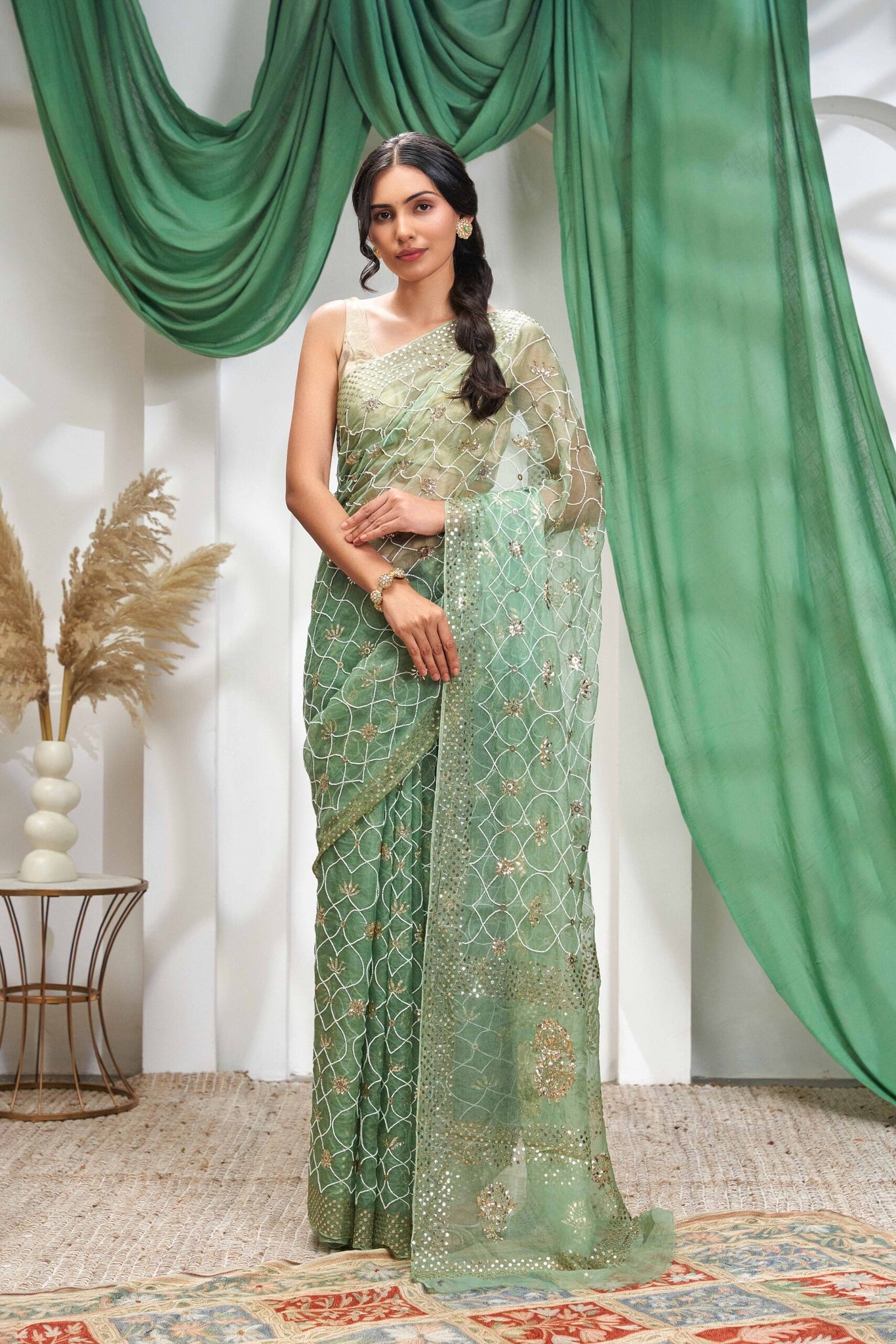 Organza Mukaish Pearl Work Saree