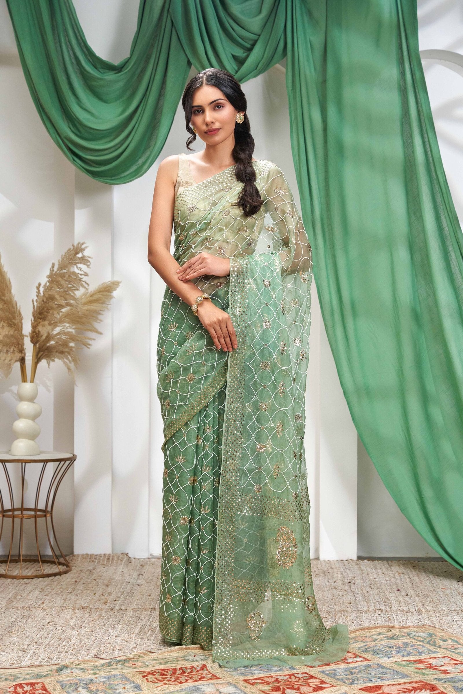 Organza Mukaish Pearl Work Saree