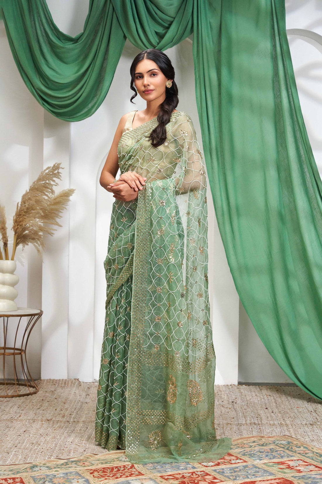 Organza Mukaish Pearl Work Saree
