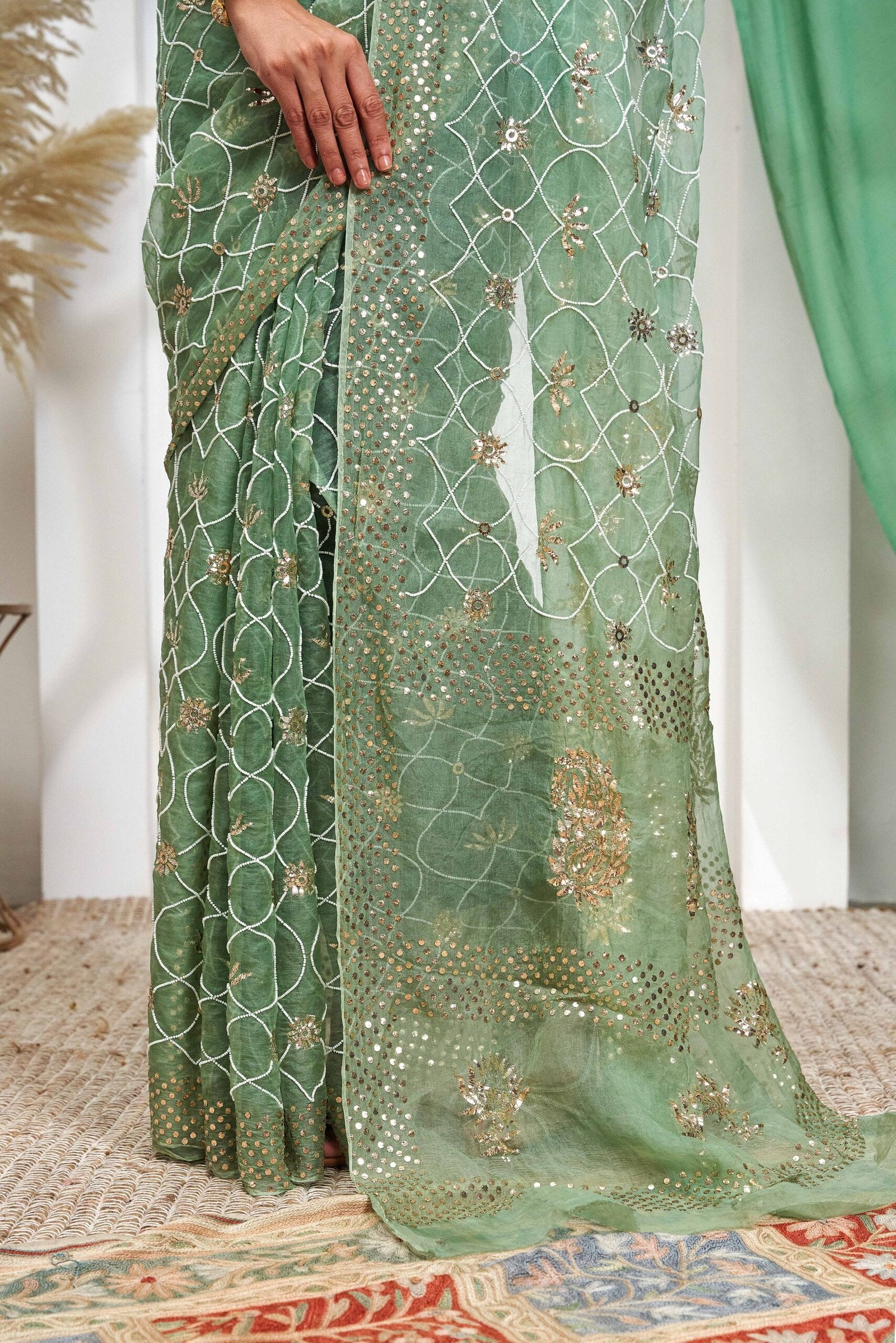 Organza Mukaish Pearl Work Saree