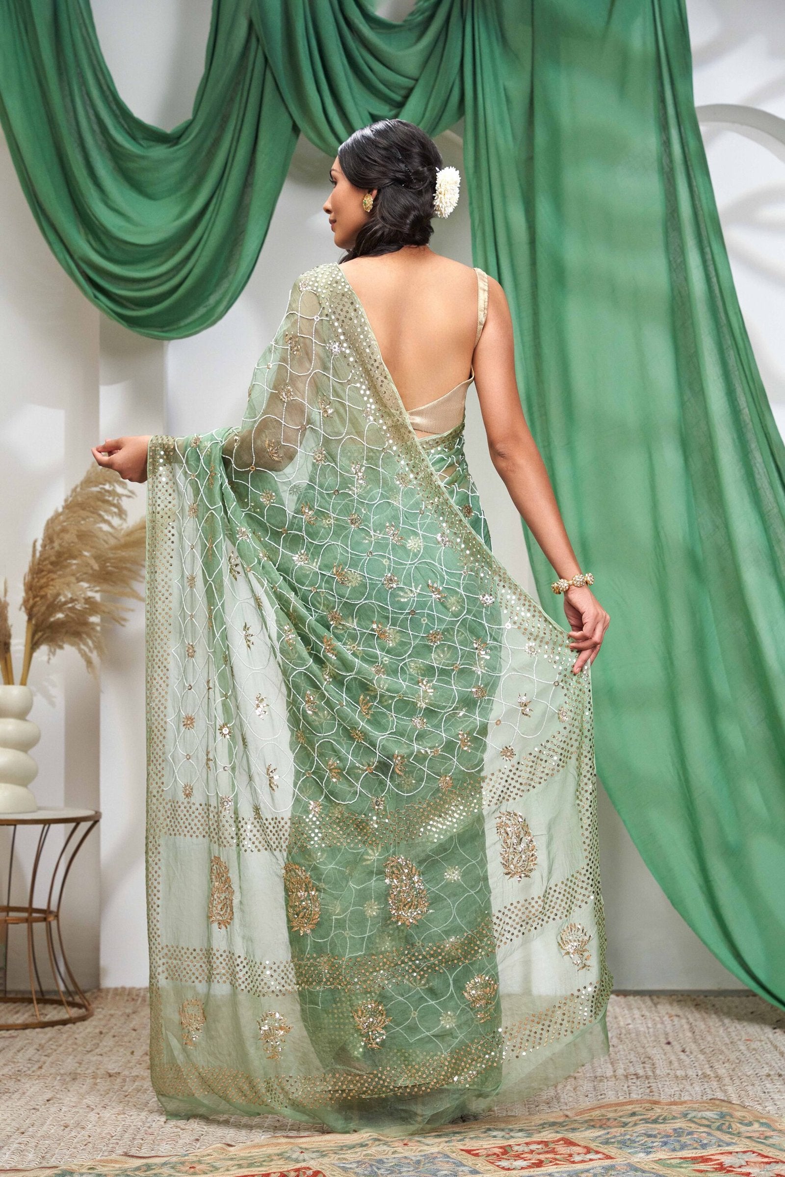 Organza Mukaish Pearl Work Saree