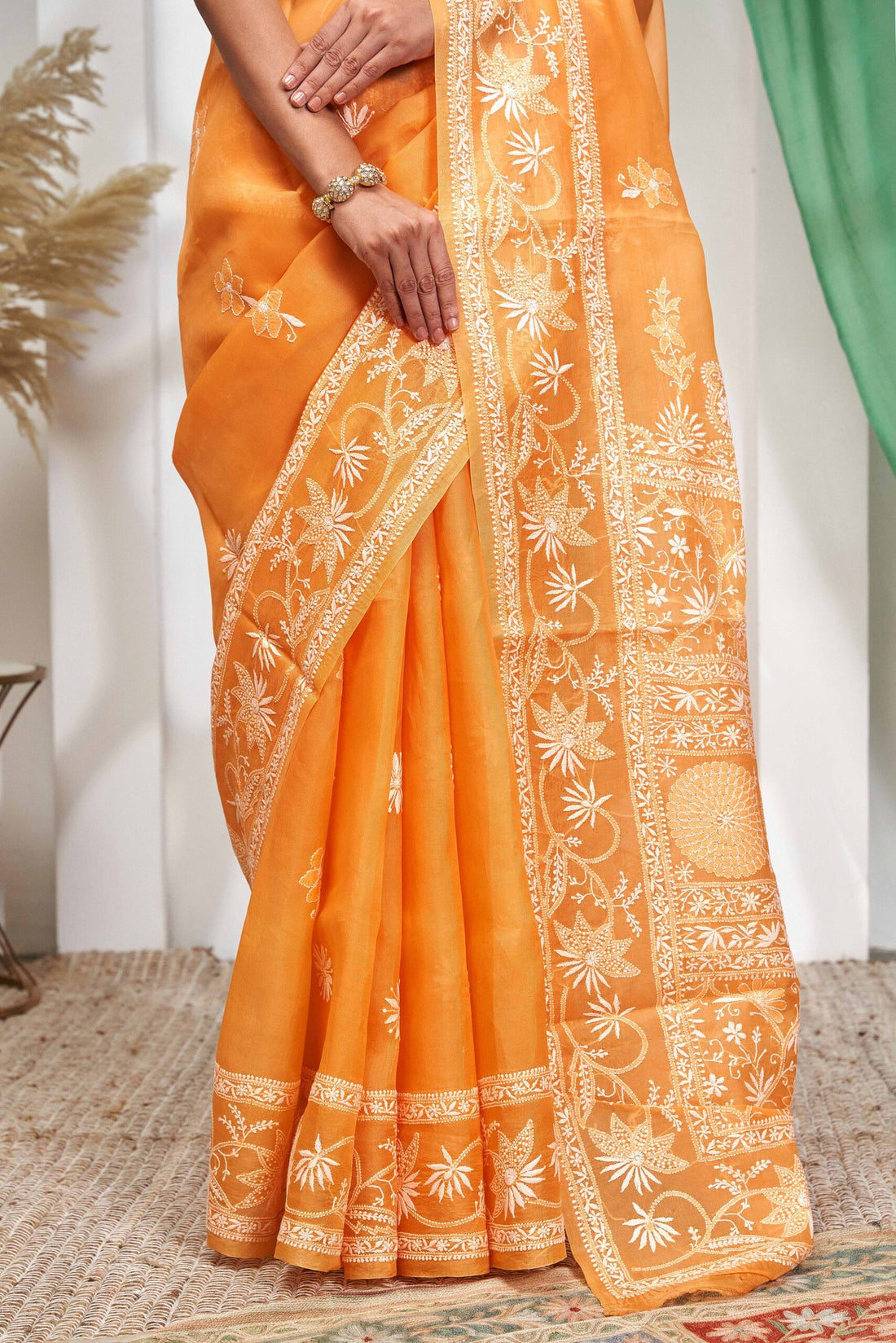 Burnt Orange Chikankari Organza Saree