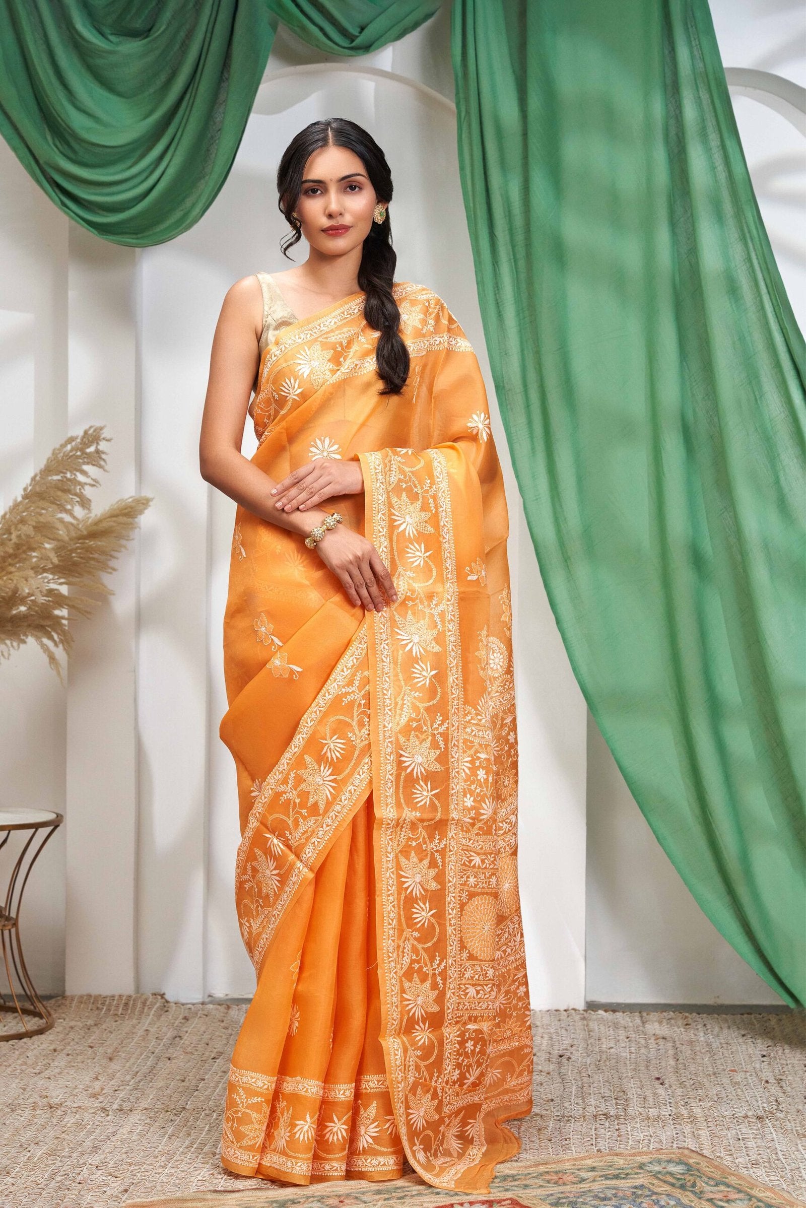Burnt Orange Chikankari Organza Saree