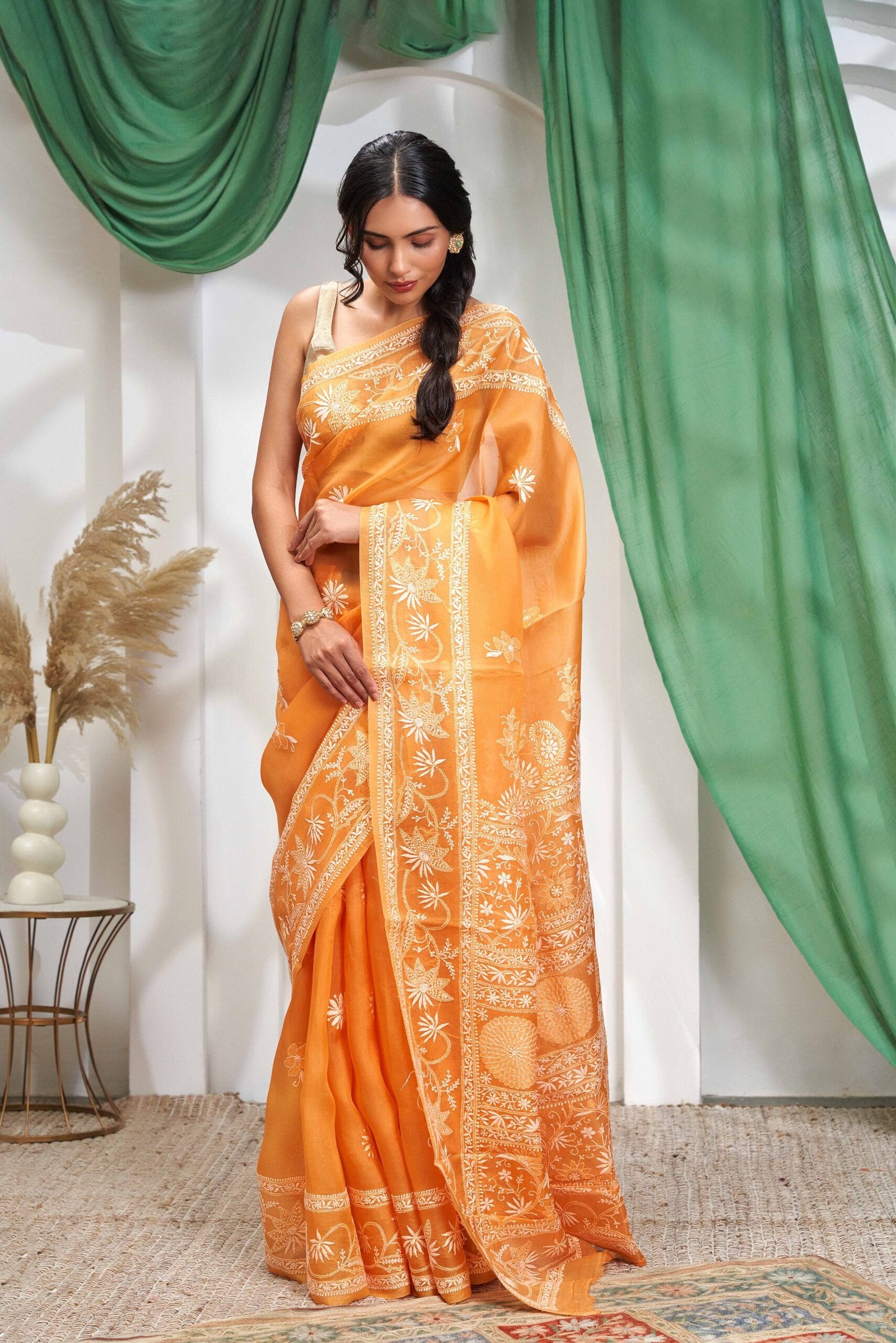 Burnt Orange Chikankari Organza Saree