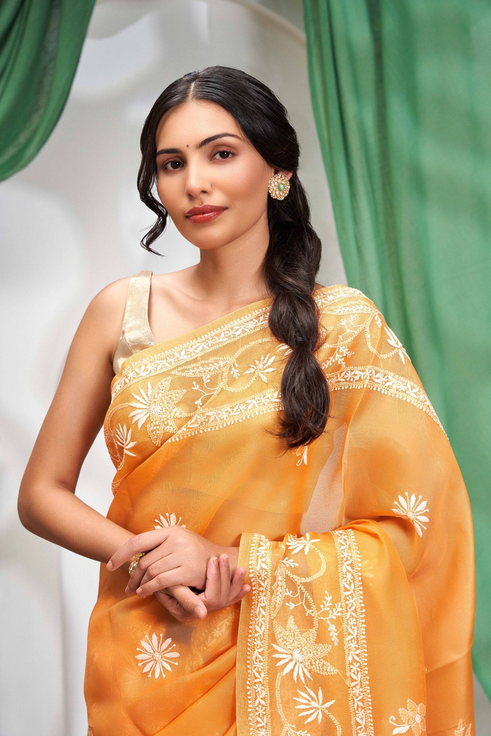 Burnt Orange Chikankari Organza Saree
