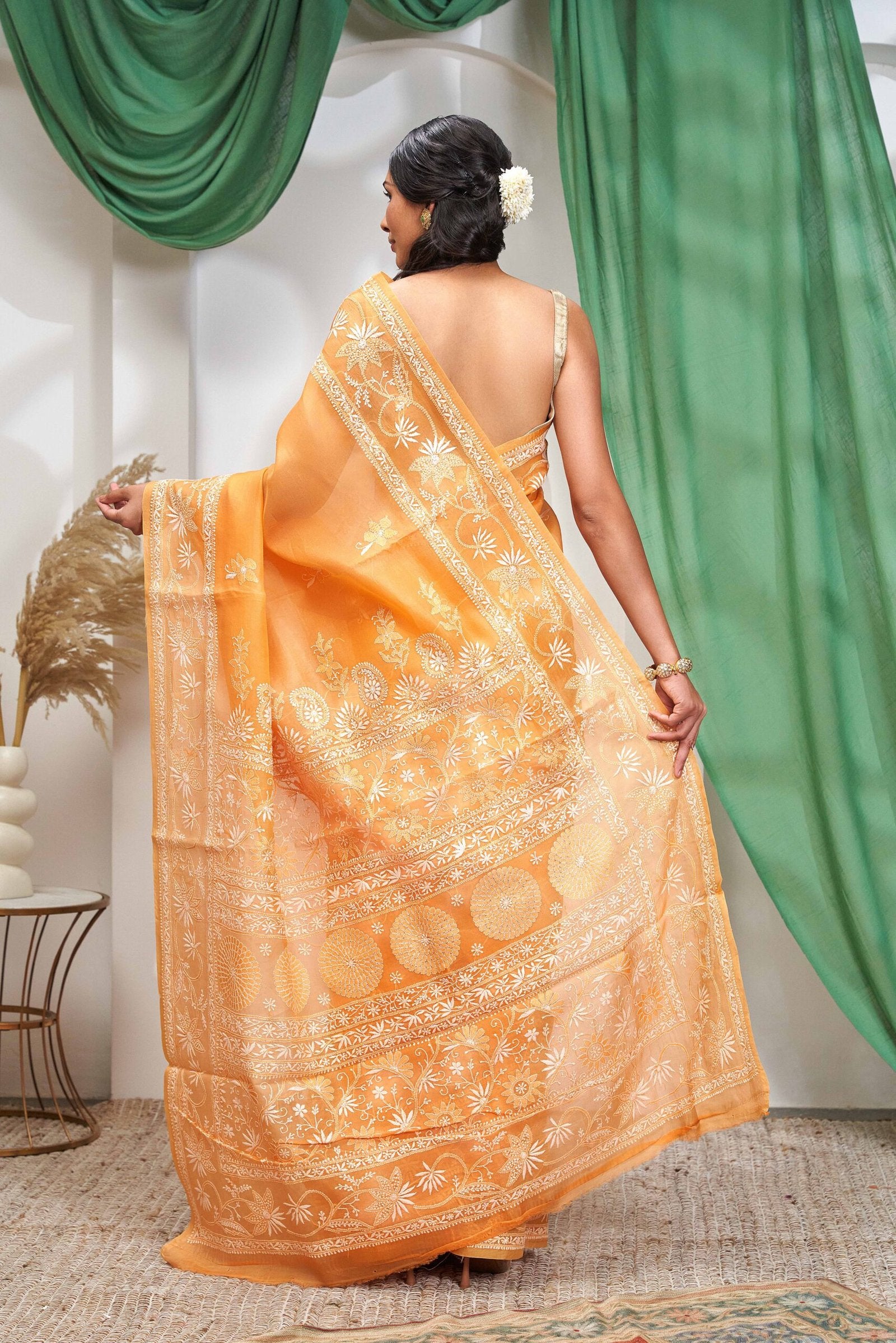 Burnt Orange Chikankari Organza Saree