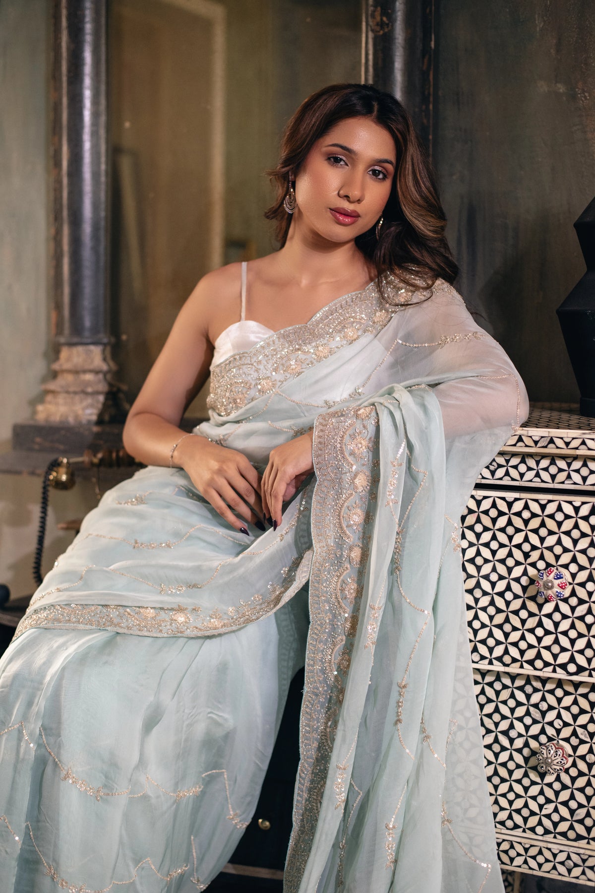 Aakashini (Powder Blue Zardozi Organza Saree)