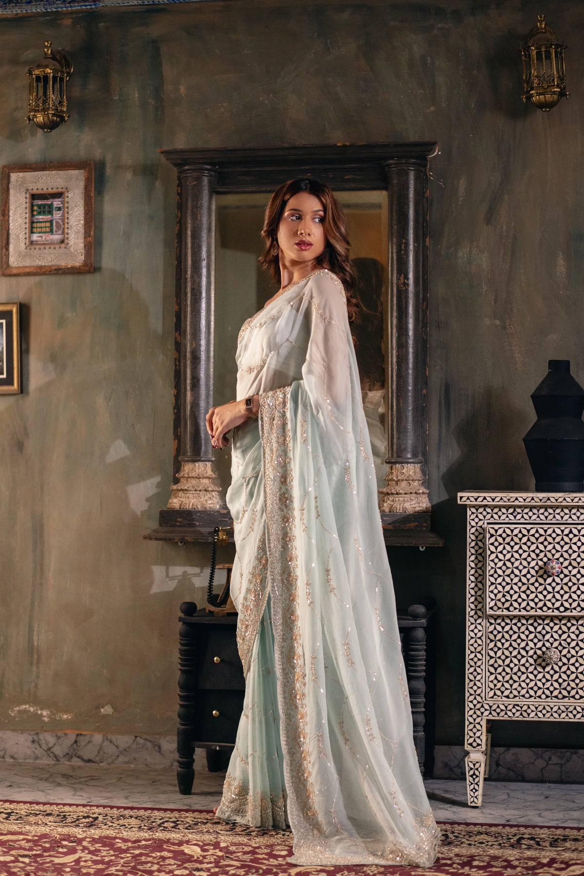Aakashini (Powder Blue Zardozi Organza Saree)