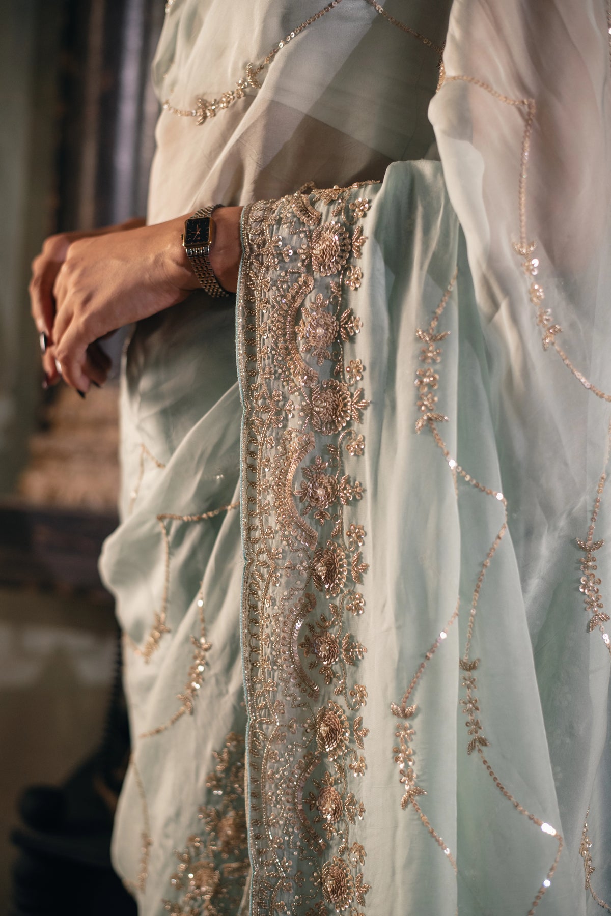 Aakashini (Powder Blue Zardozi Organza Saree)