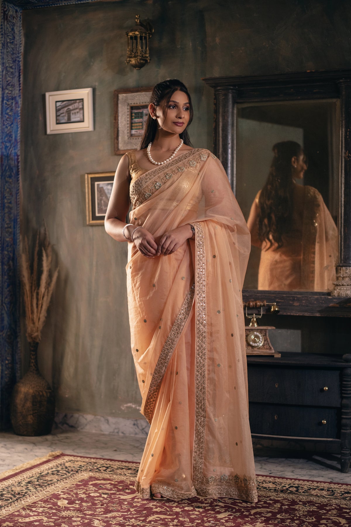 Kusumrekha (Peach Pink Gota Zardozi Saree)
