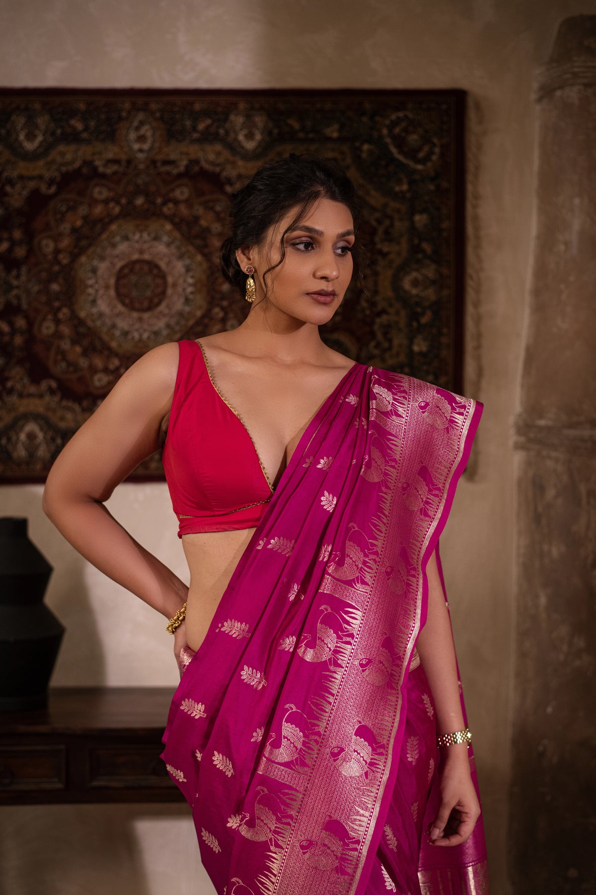 Rangrekha (Pink Bandhini Mirrorwork Chiffon Saree)