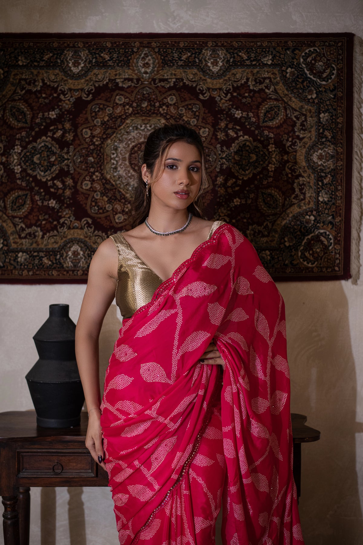 Rangmayuri (Pink Bandhani Mirrorwork Chiffon Saree)