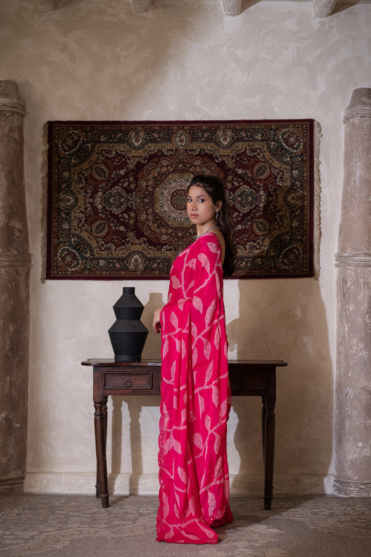 Rangmayuri (Pink Bandhani Mirrorwork Chiffon Saree)