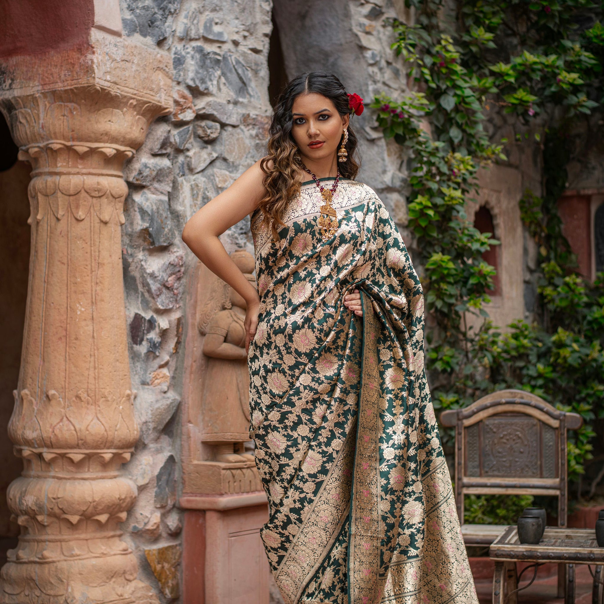 Kanakavalli (Golden Meenakari Floral Jangla Katan Silk Saree)