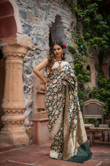 Kanakavalli (Golden Meenakari Floral Jangla Katan Silk Saree)