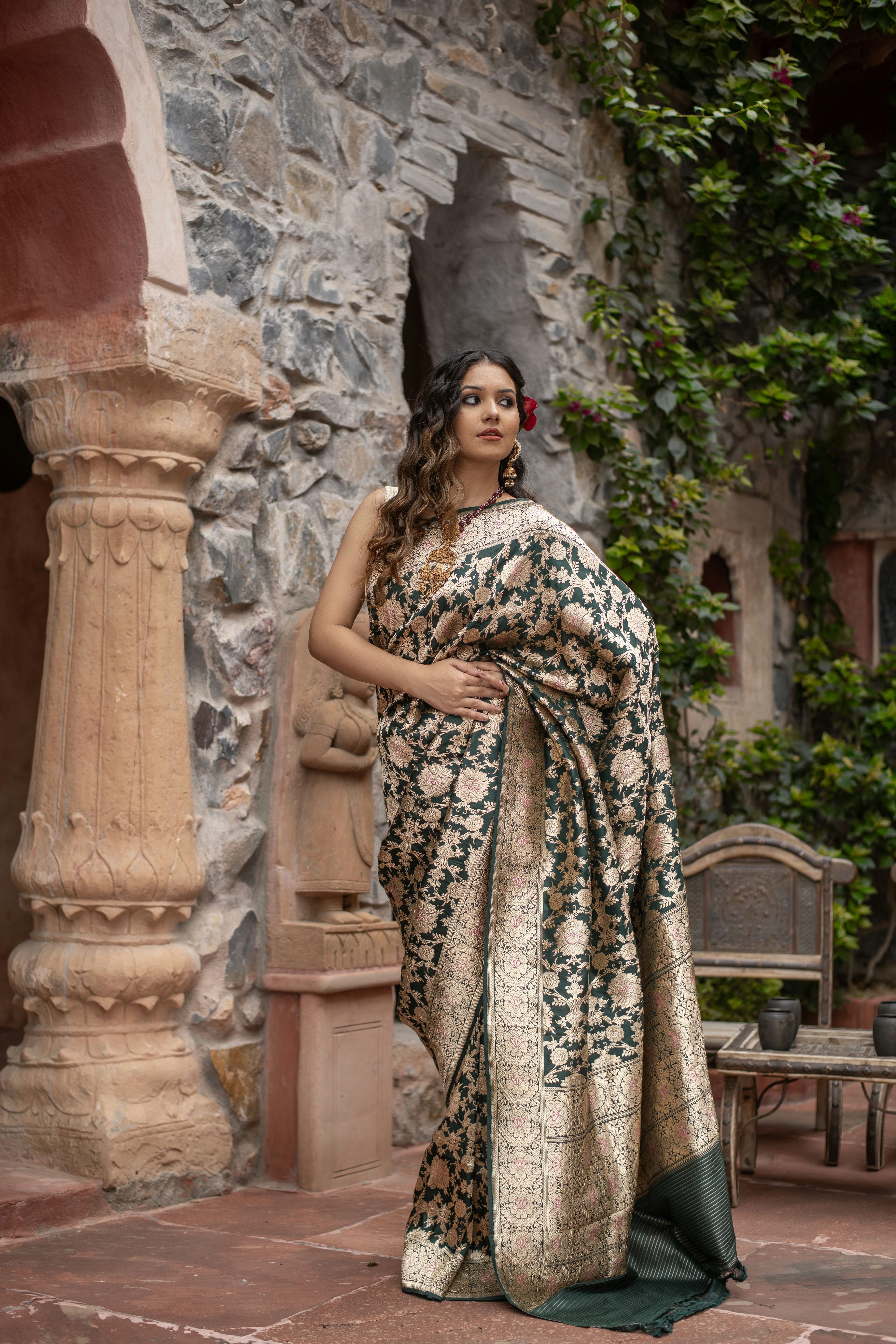 Kanakavalli (Golden Meenakari Floral Jangla Katan Silk Saree)