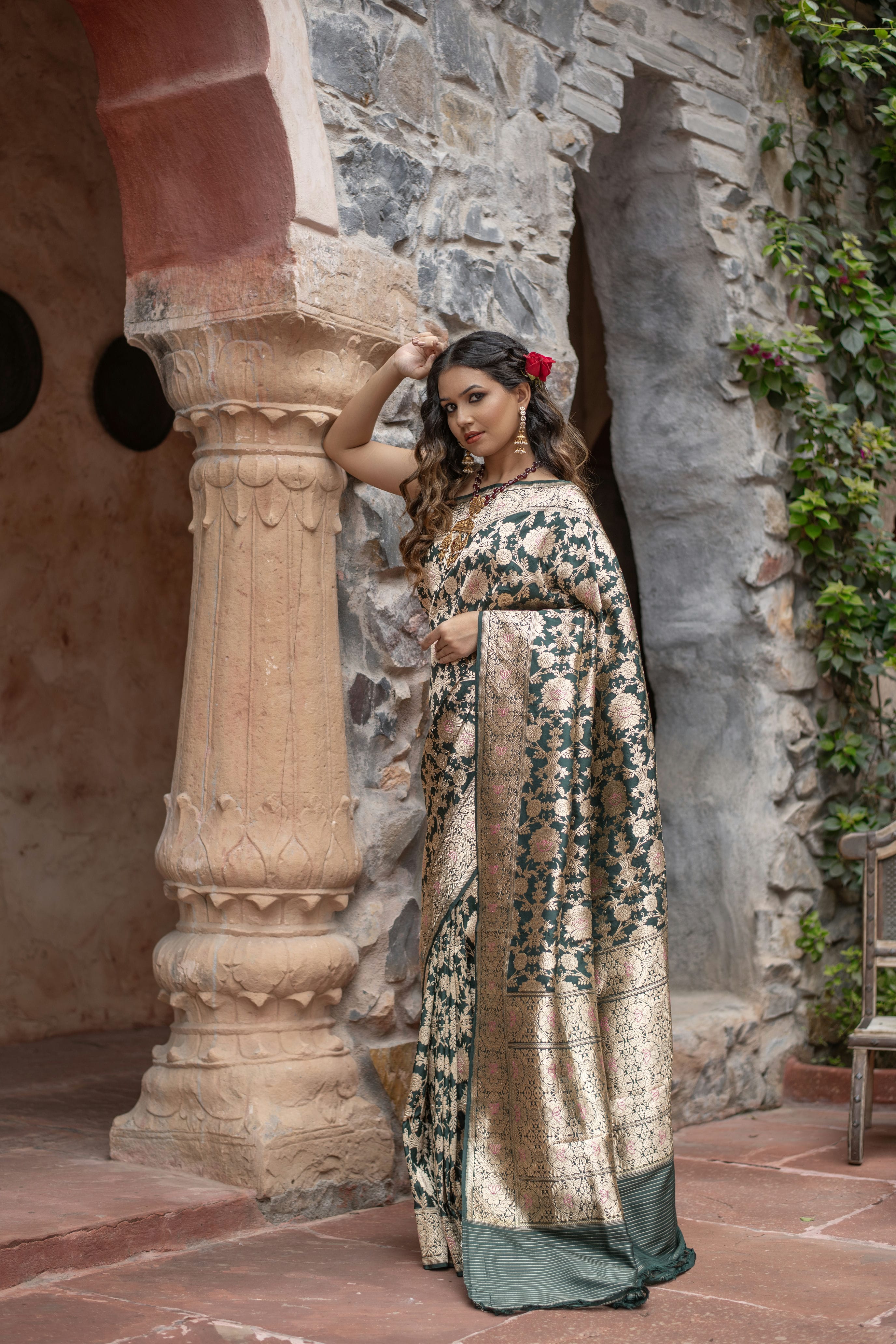 Kanakavalli (Golden Meenakari Floral Jangla Katan Silk Saree)