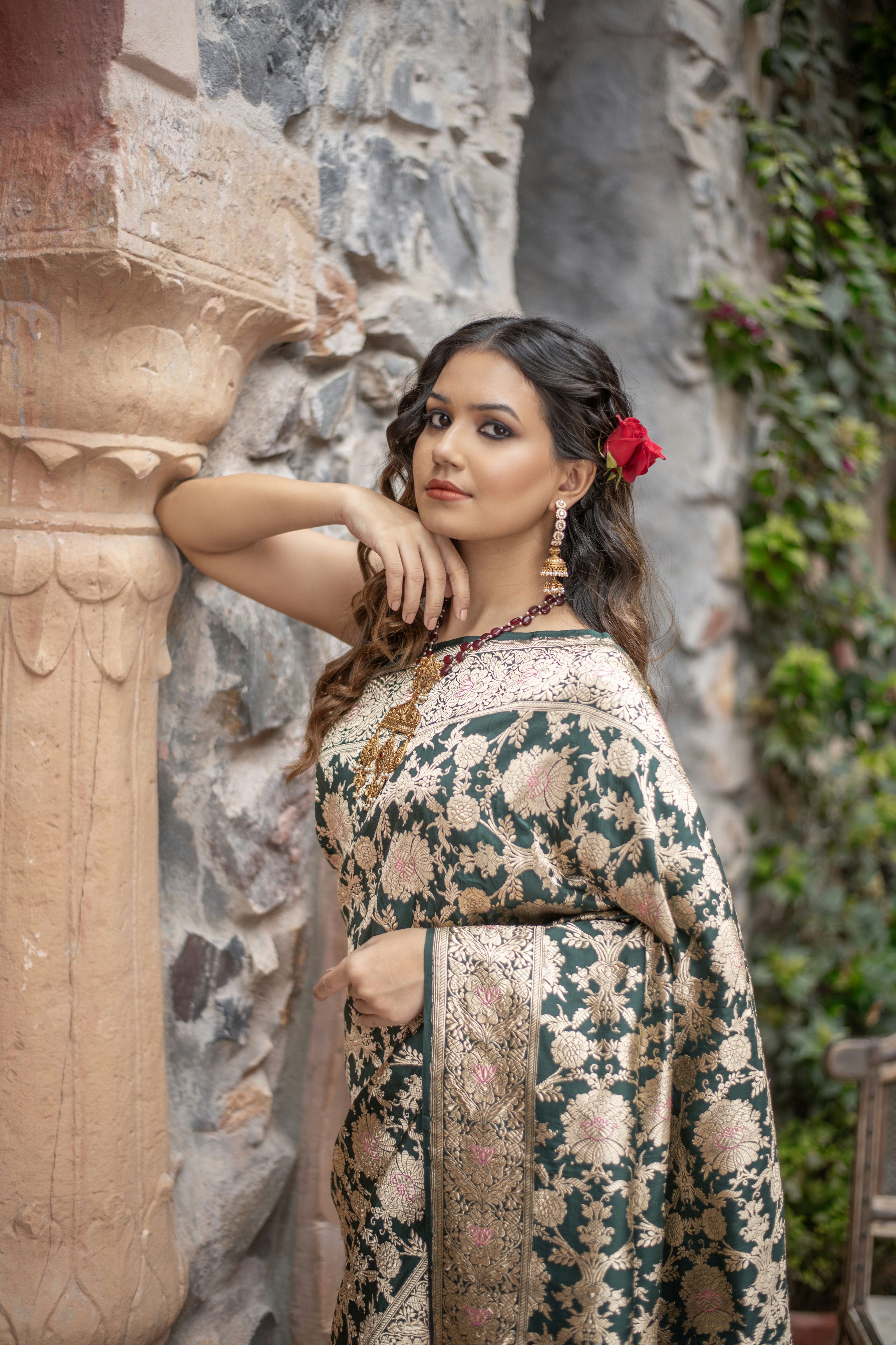 Kanakavalli (Golden Meenakari Floral Jangla Katan Silk Saree)