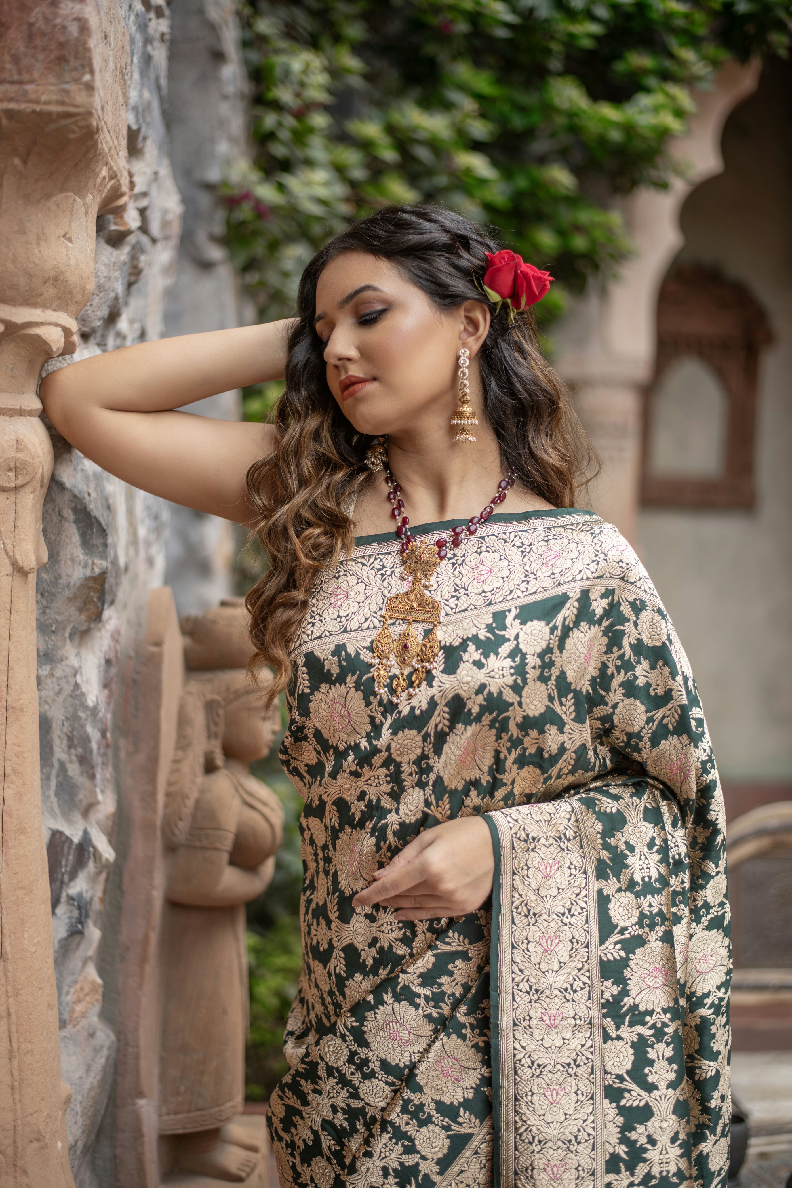 Kanakavalli (Golden Meenakari Floral Jangla Katan Silk Saree)