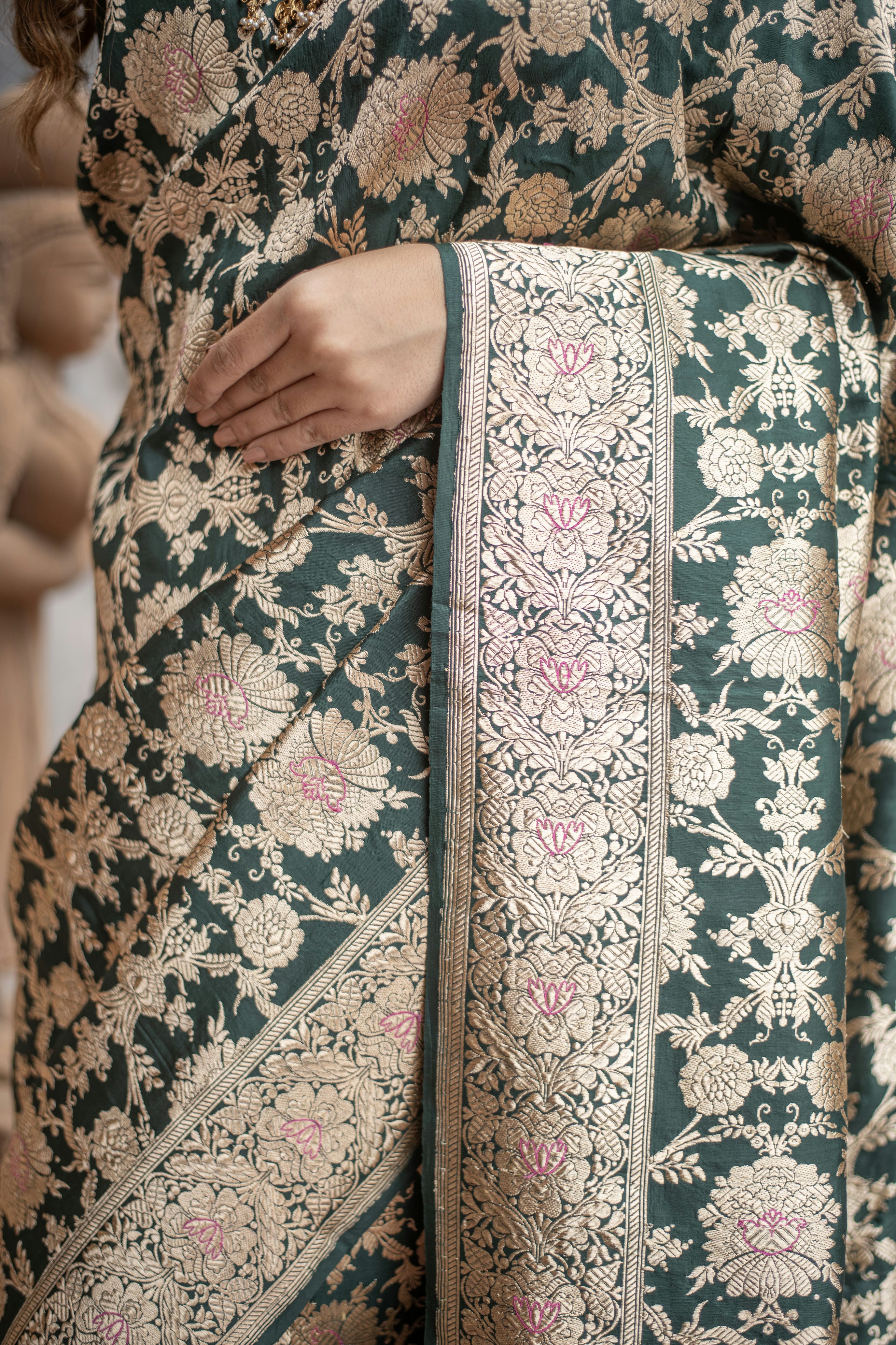 Kanakavalli (Golden Meenakari Floral Jangla Katan Silk Saree)