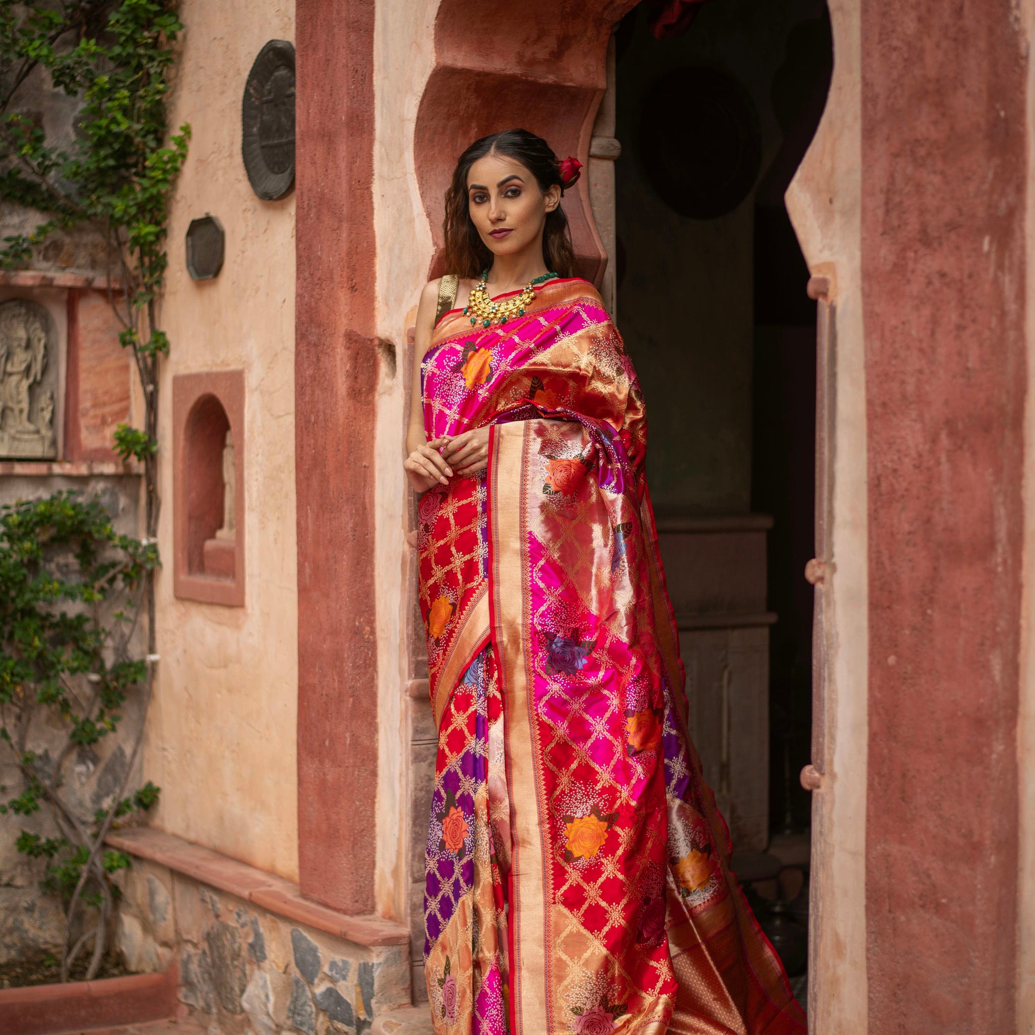 Tissue Katan Saree with Iktara Weave and Gulab Jaal
