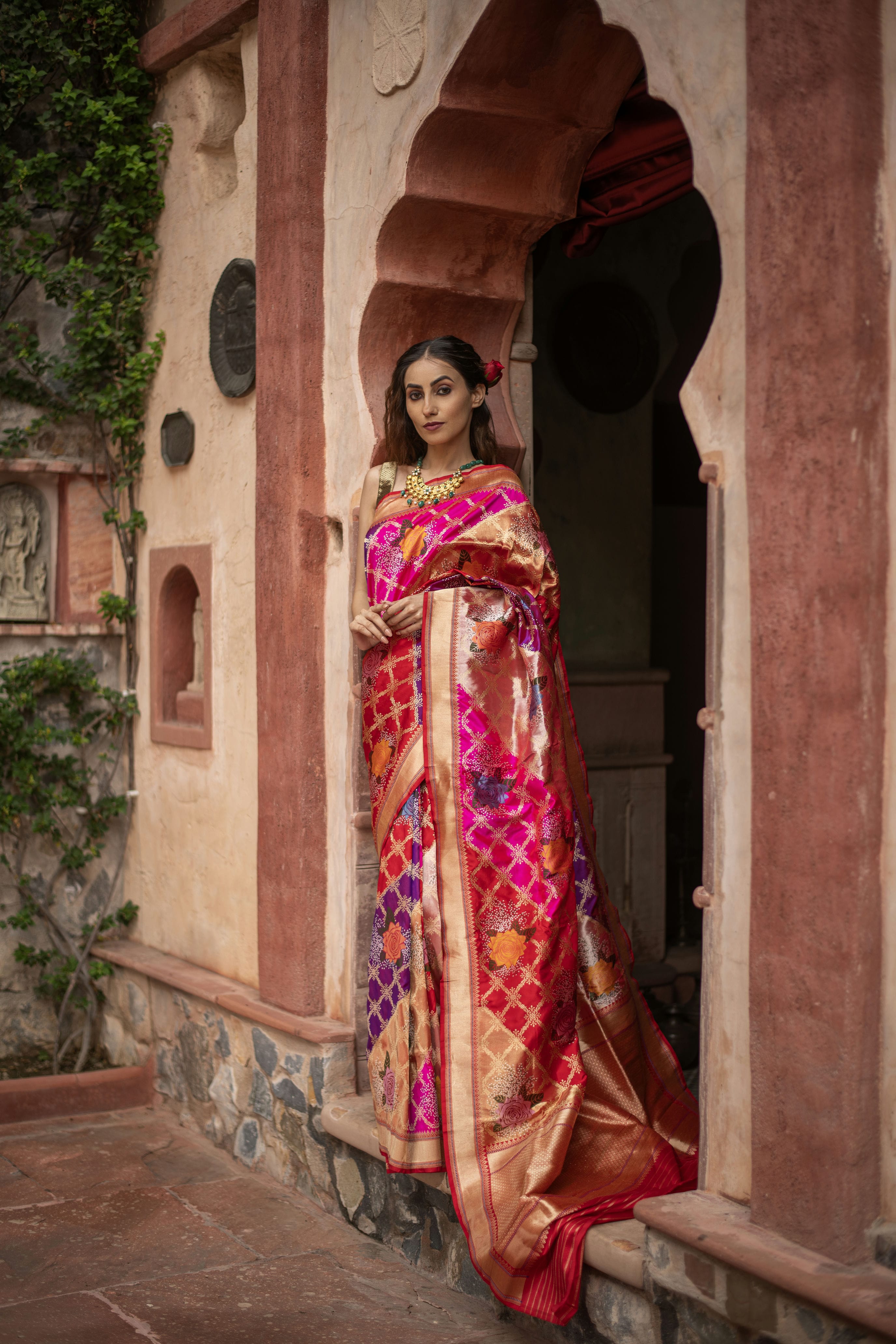 Tissue Katan Saree with Iktara Weave and Gulab Jaal