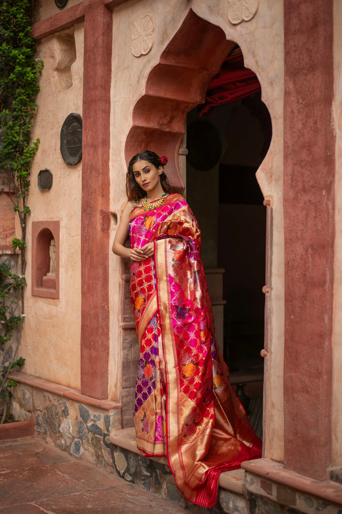 Tissue Katan Saree with Iktara Weave and Gulab Jaal