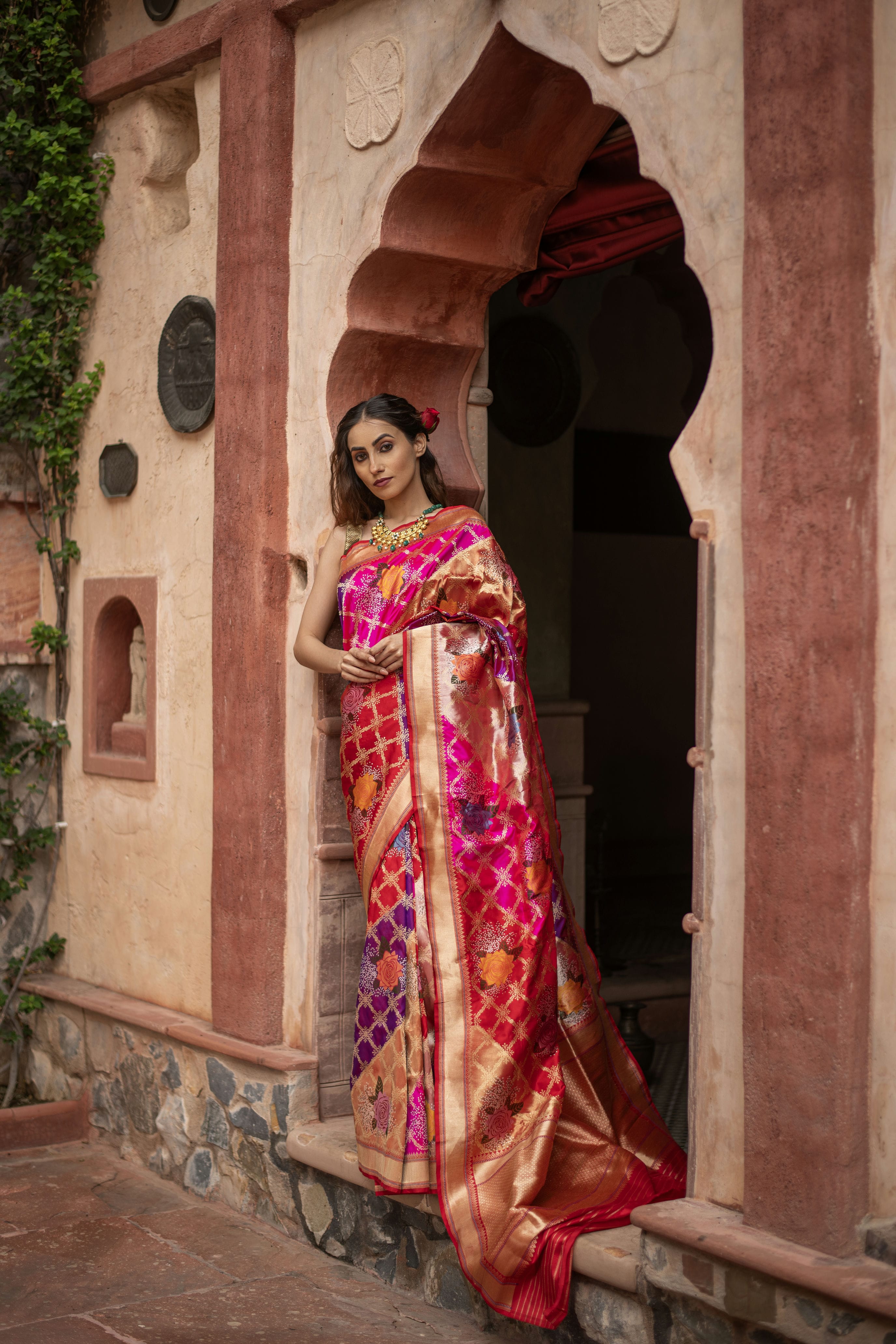 Tissue Katan Saree with Iktara Weave and Gulab Jaal
