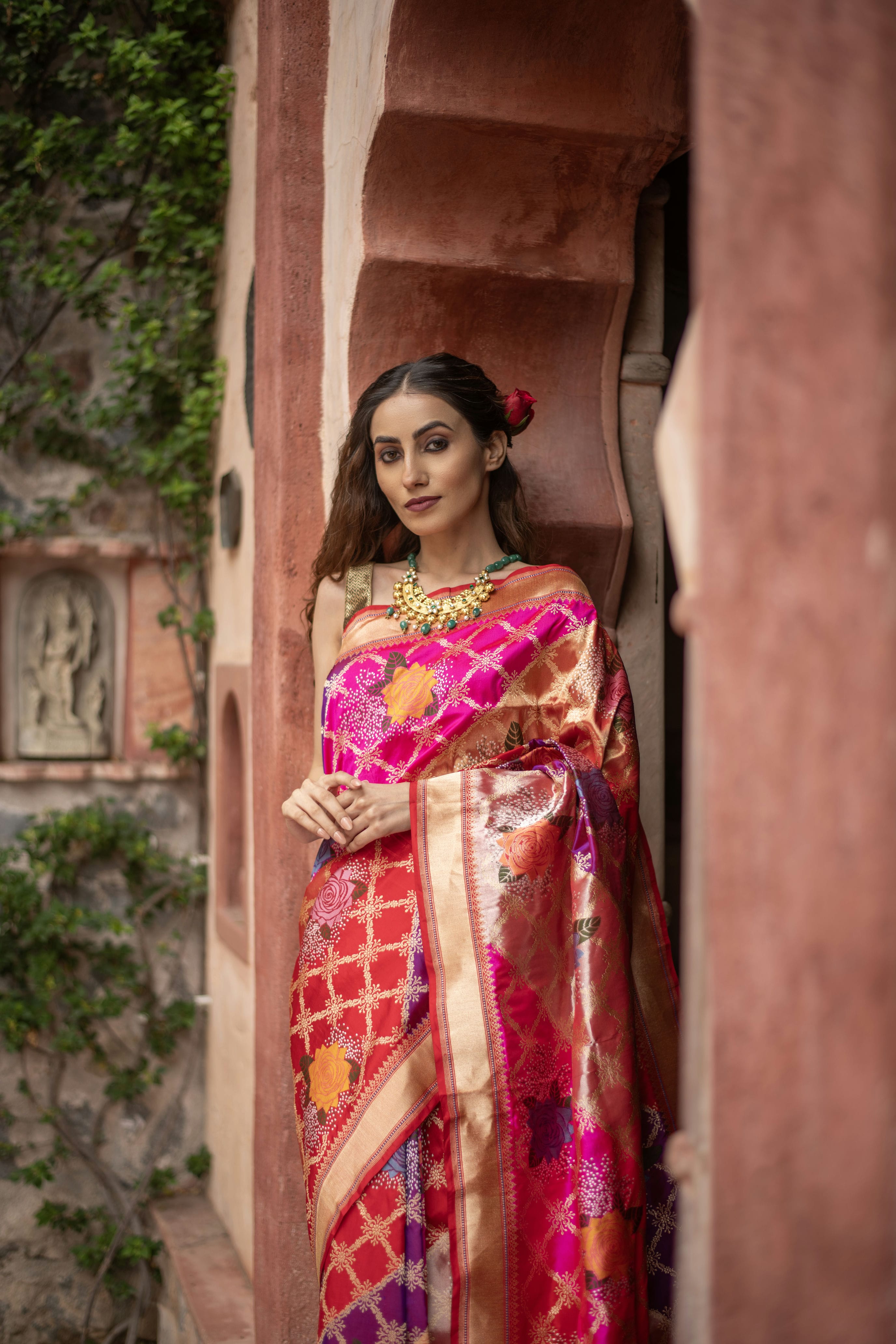 Tissue Katan Saree with Iktara Weave and Gulab Jaal
