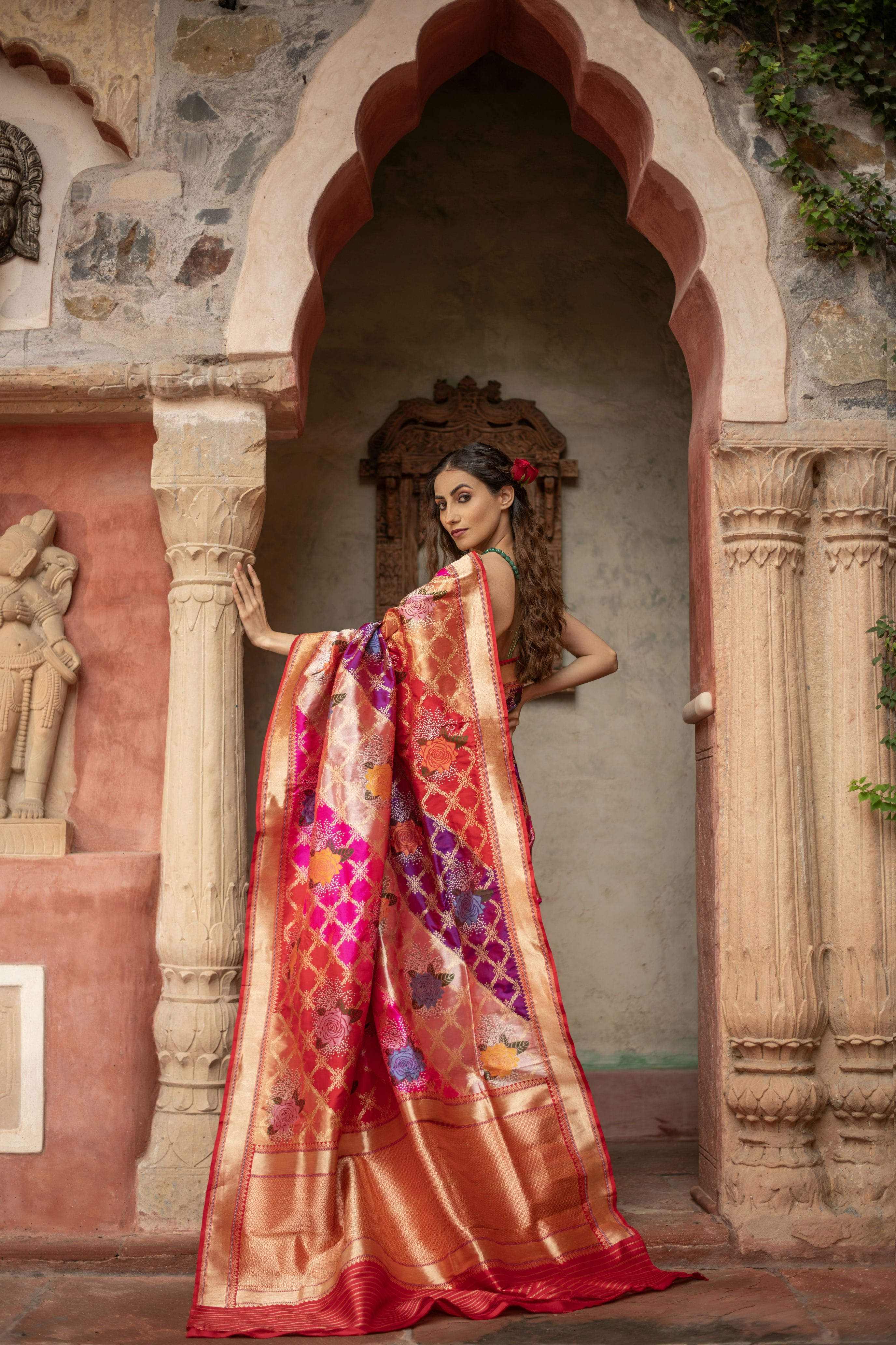 Tissue Katan Saree with Iktara Weave and Gulab Jaal