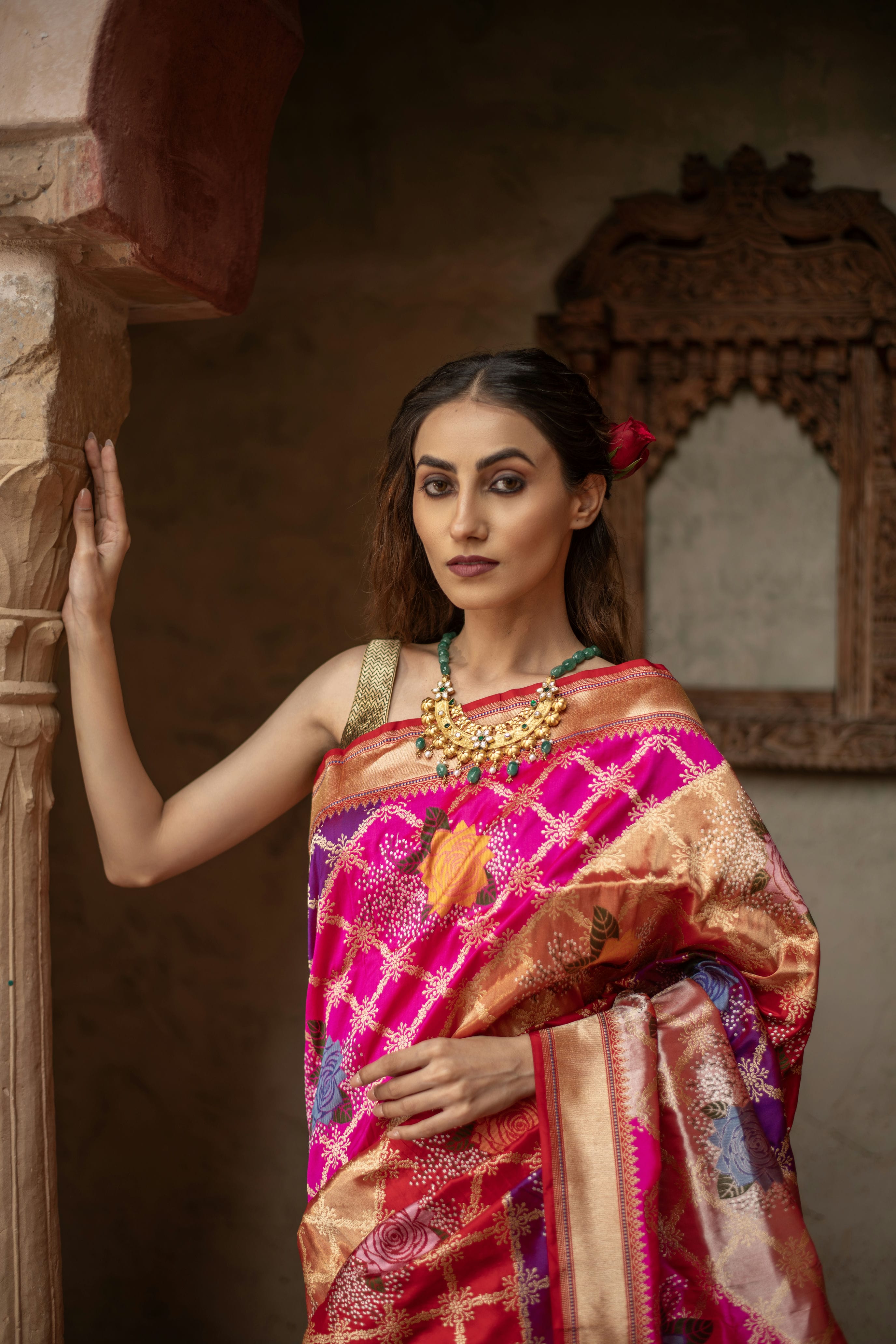 Tissue Katan Saree with Iktara Weave and Gulab Jaal