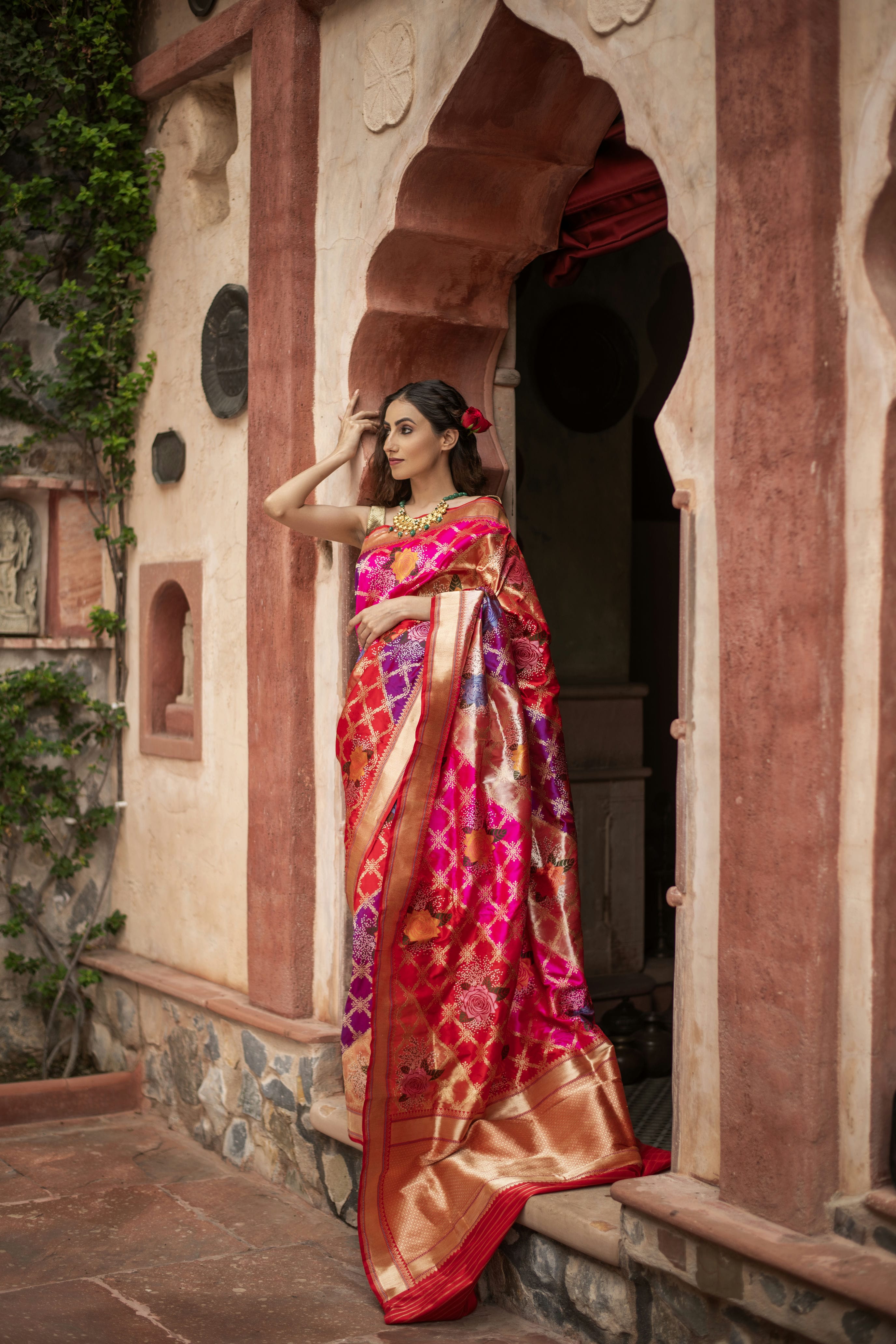 Tissue Katan Saree with Iktara Weave and Gulab Jaal