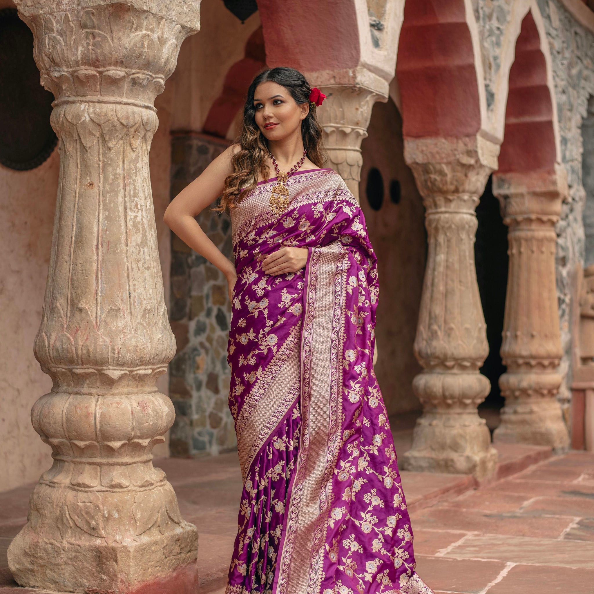 Purple Jangla in floral jaal on Katan silk