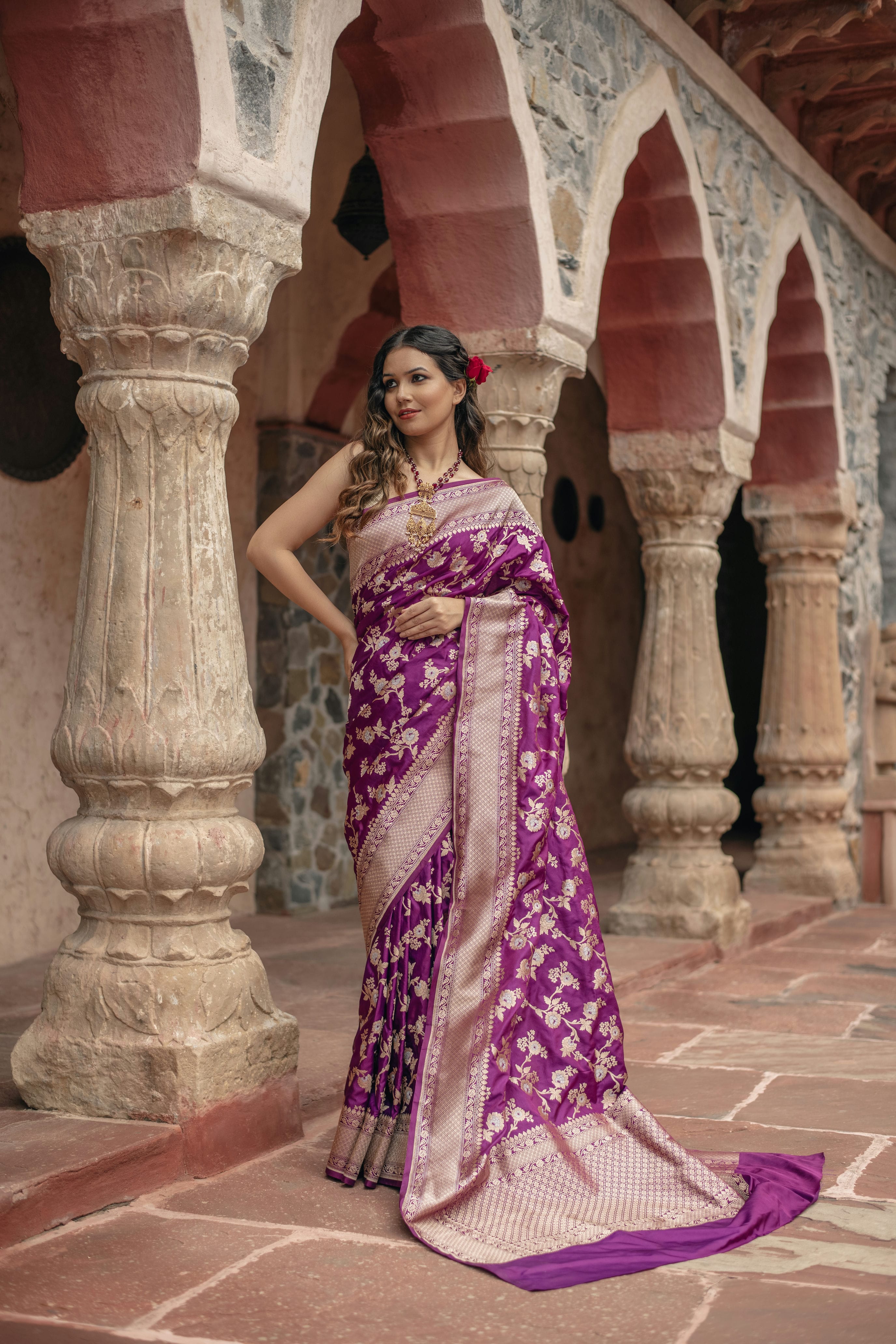 Purple Jangla in floral jaal on Katan silk