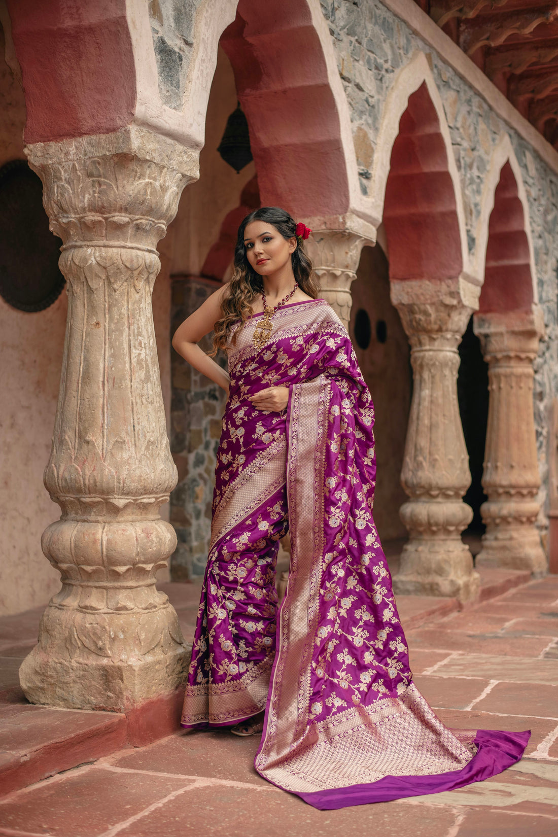 Purple Jangla in floral jaal on Katan silk