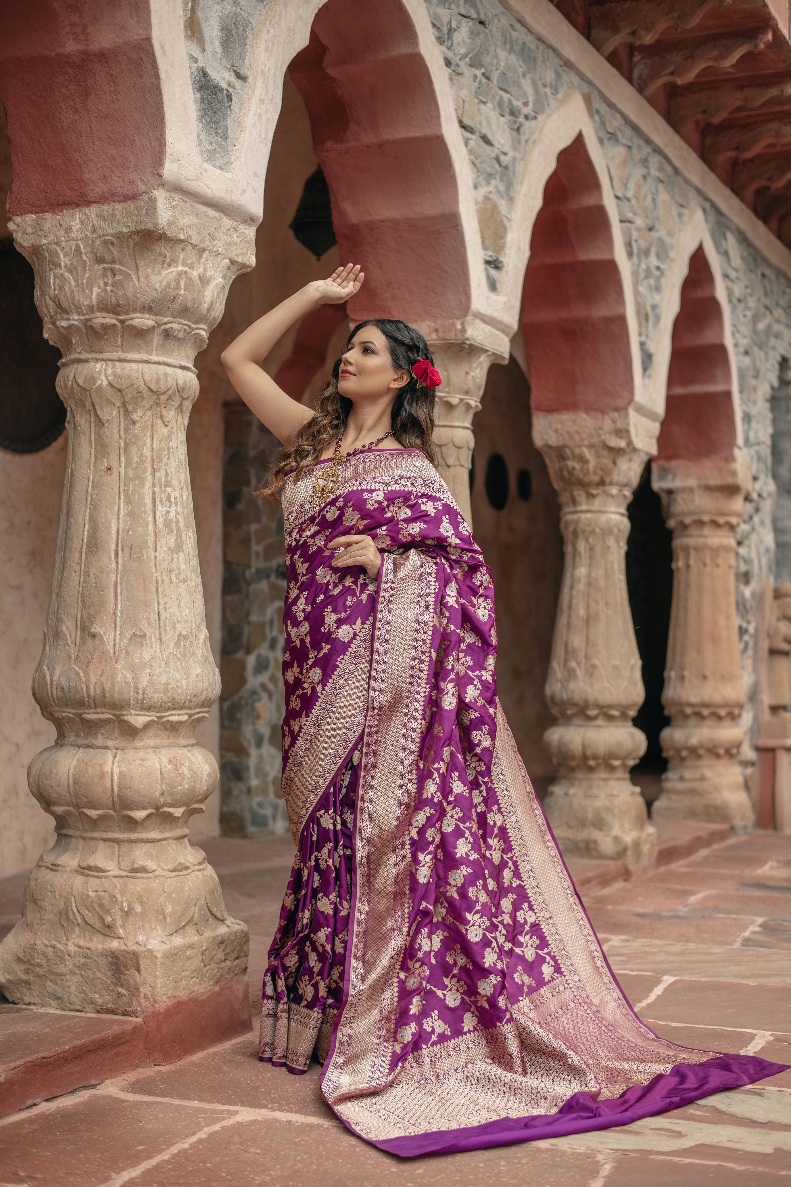 Purple Jangla in floral jaal on Katan silk