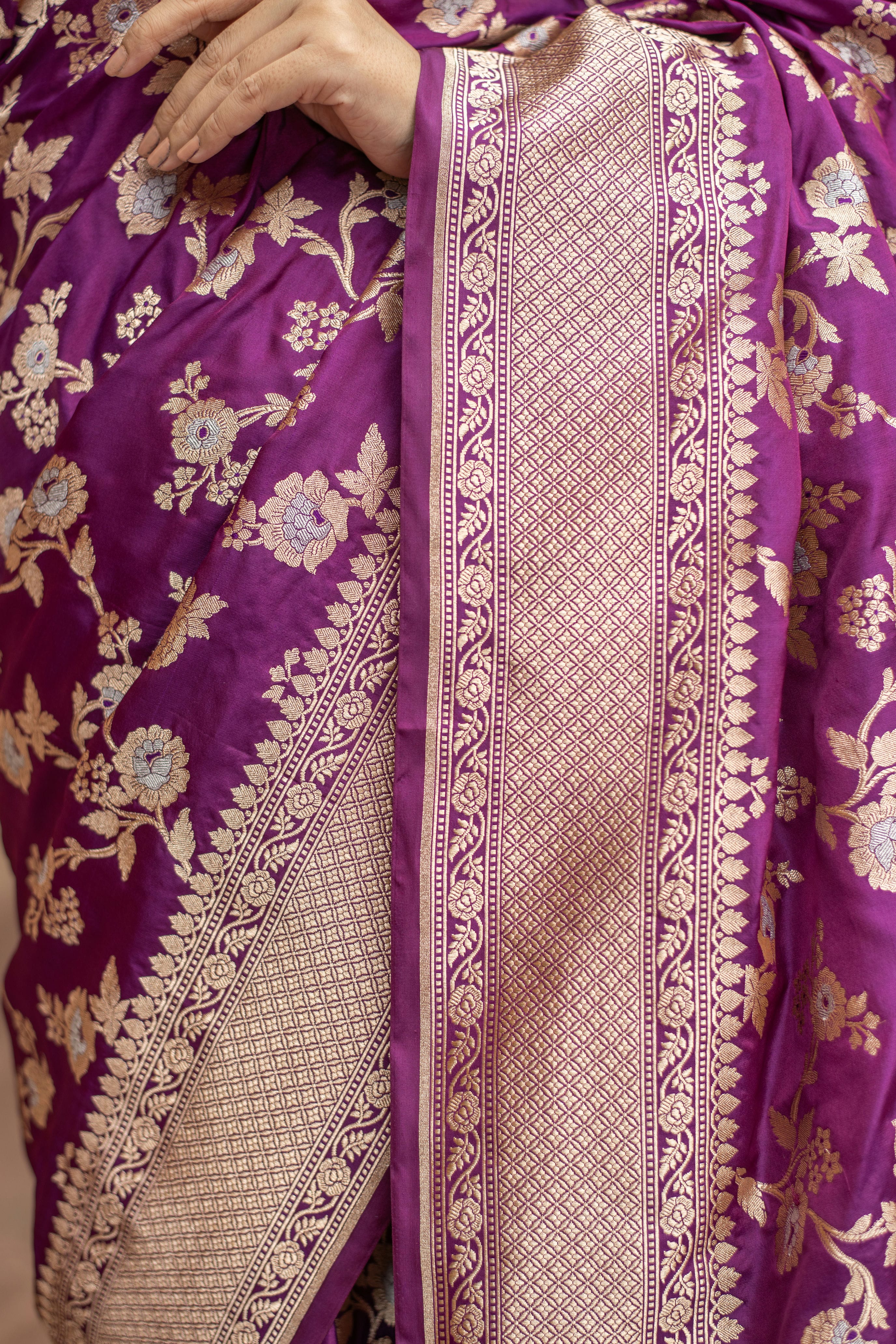 Purple Jangla in floral jaal on Katan silk