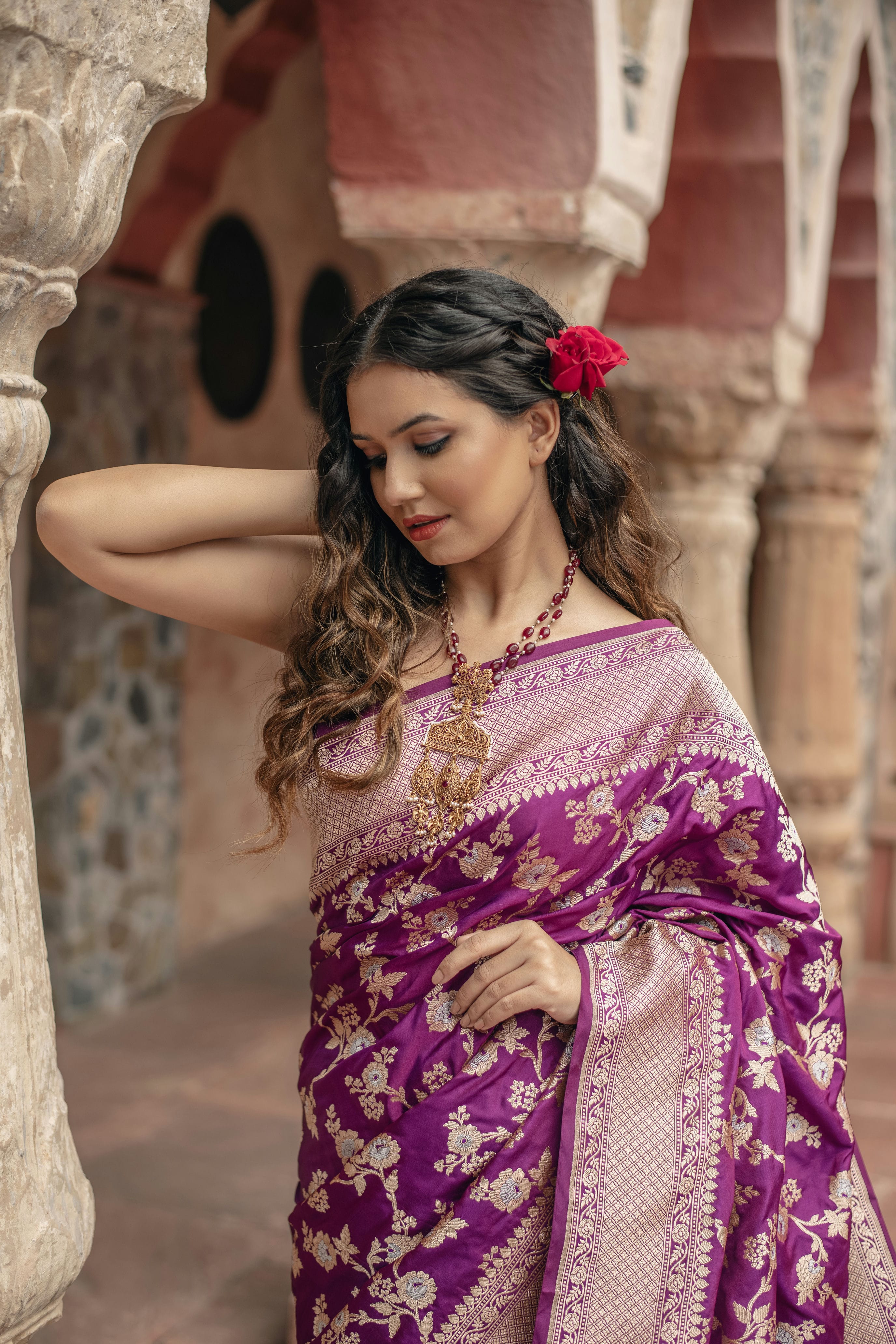 Purple Jangla in floral jaal on Katan silk