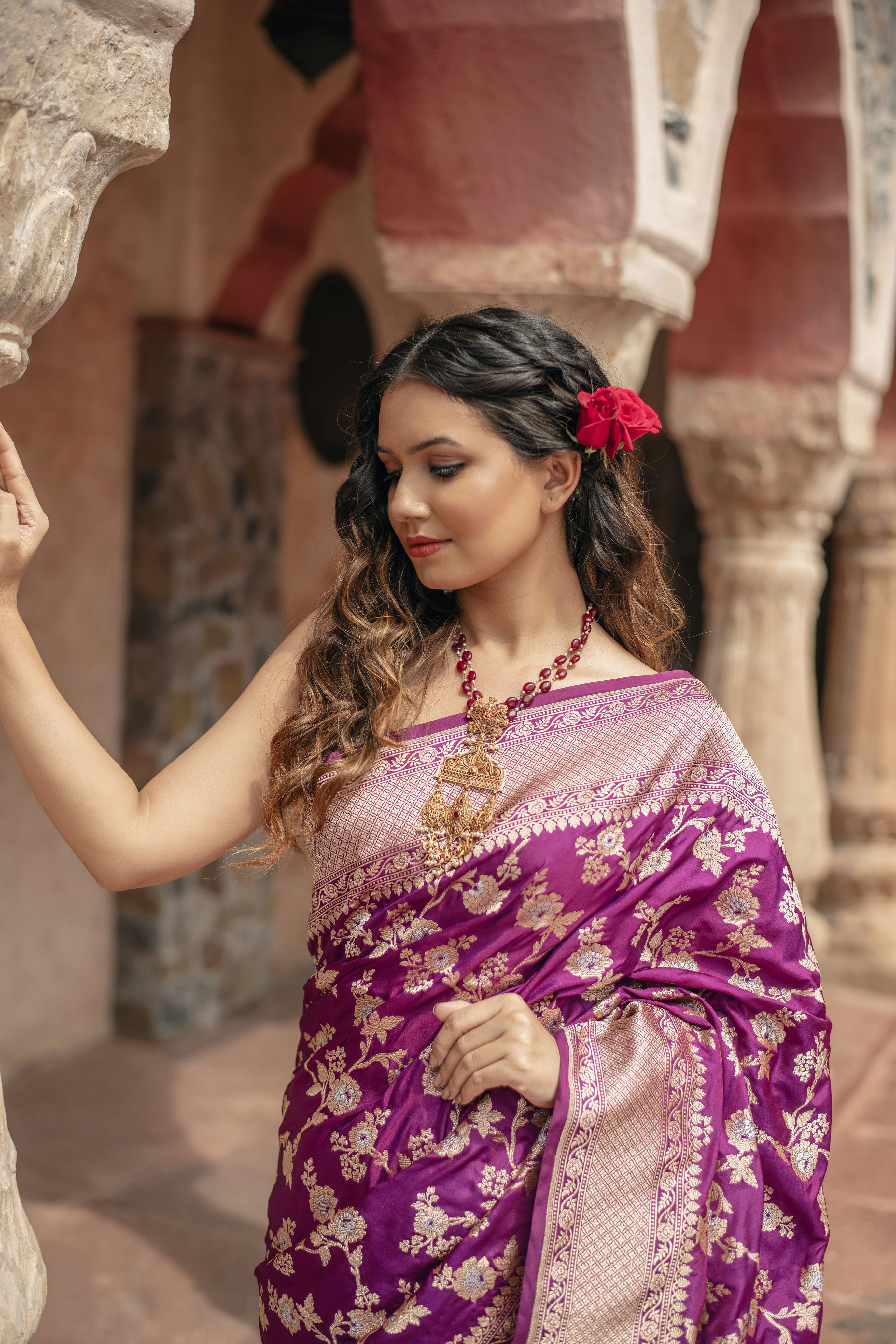 Purple Jangla in floral jaal on Katan silk