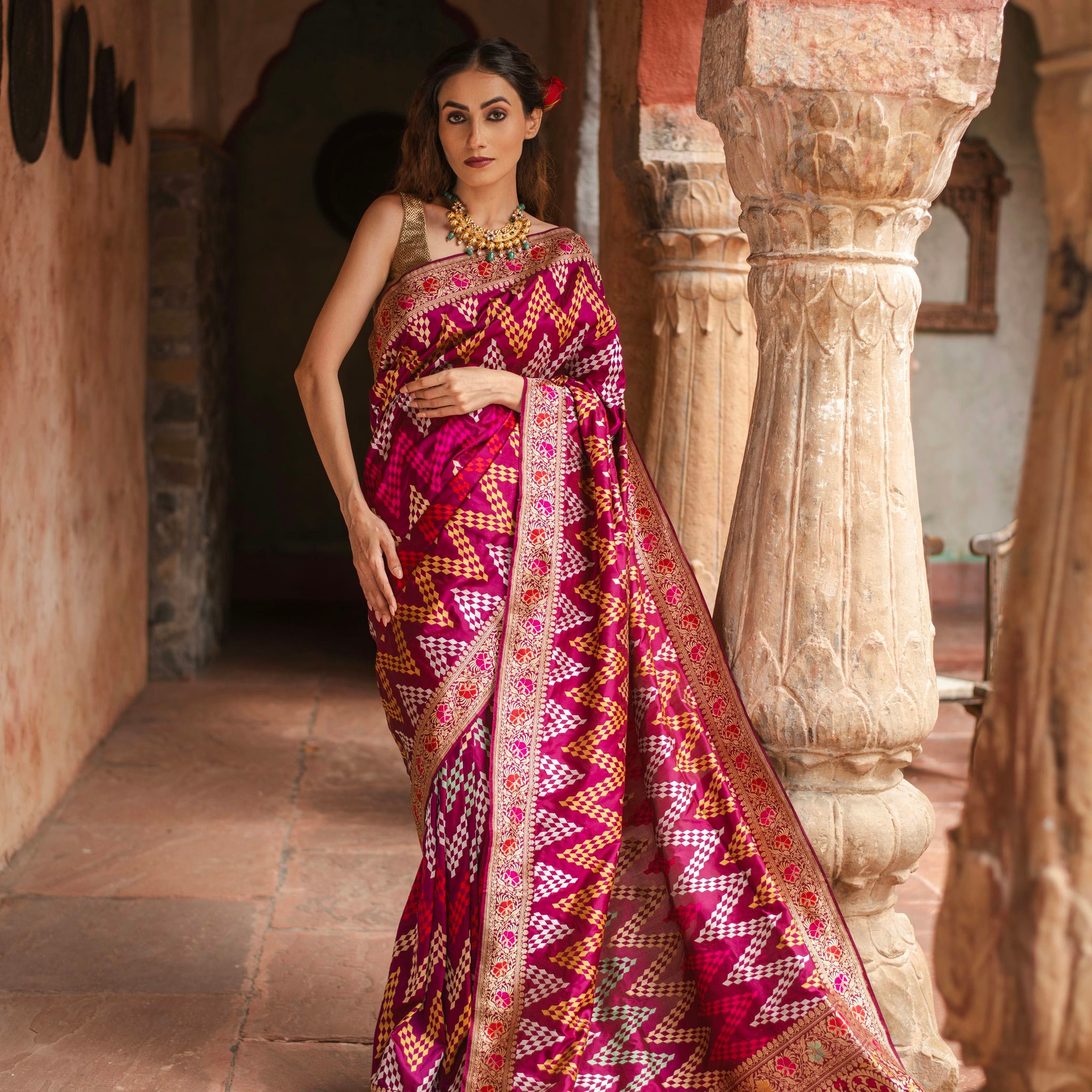 Kaamodini (Meenakari Chevron Jangla Katan Silk Saree)