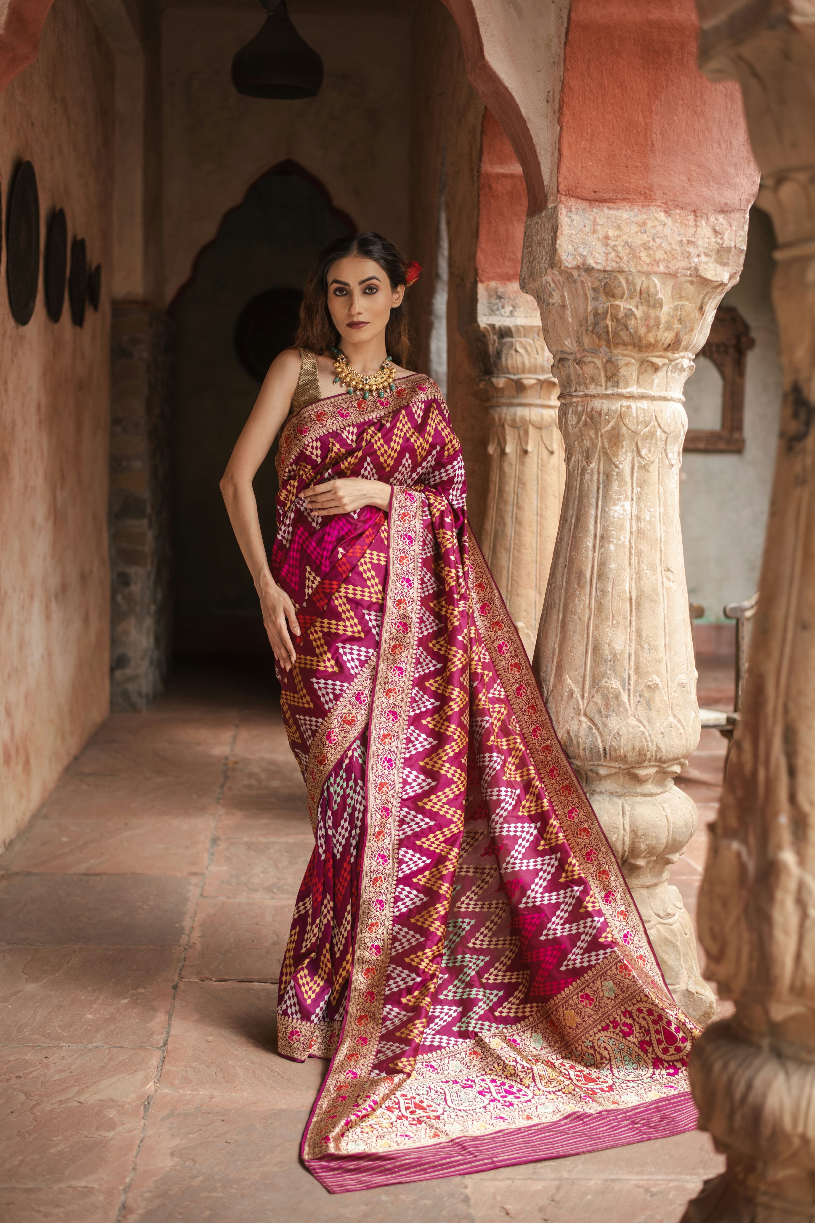 Kaamodini (Meenakari Chevron Jangla Katan Silk Saree)