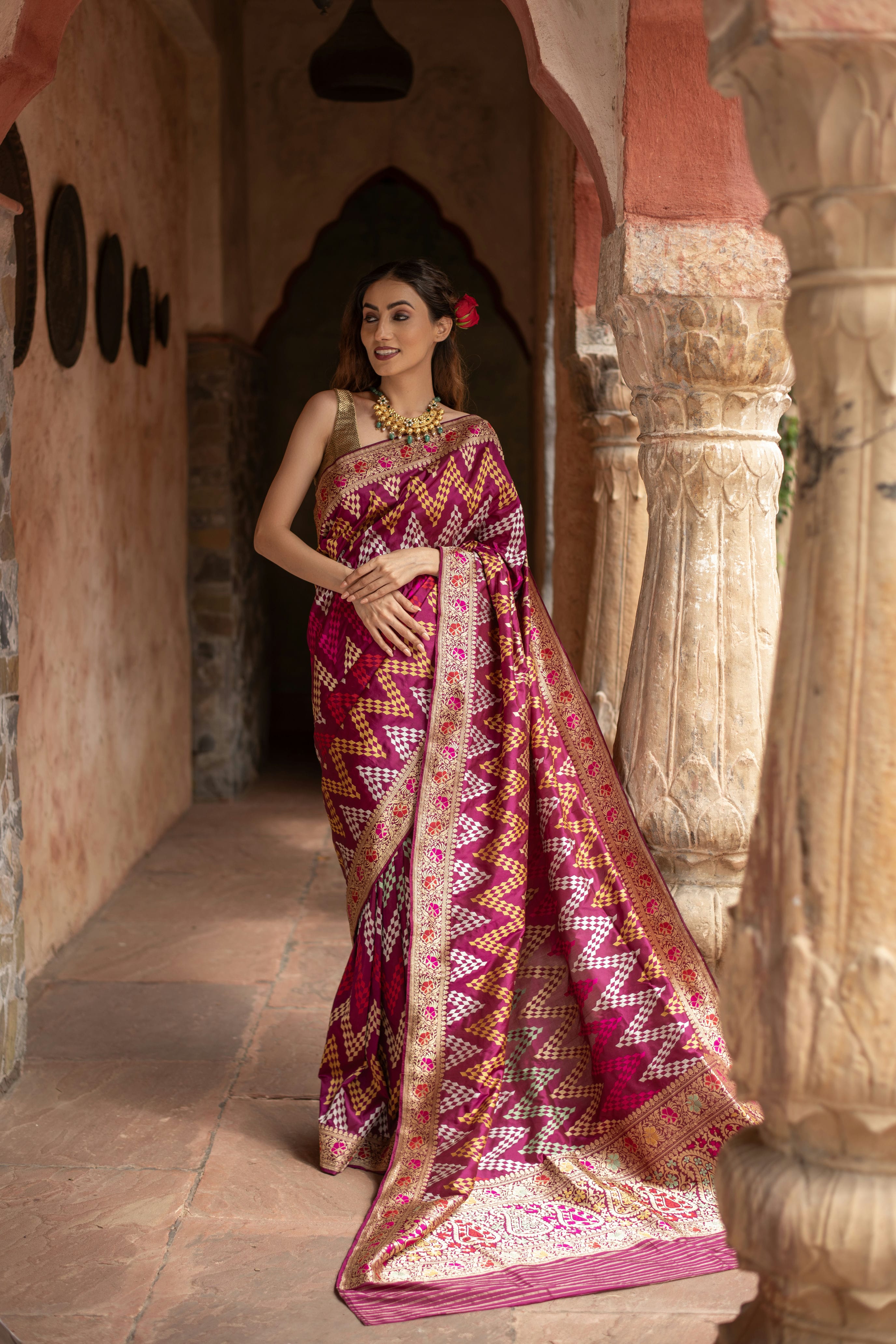 Kaamodini (Meenakari Chevron Jangla Katan Silk Saree)