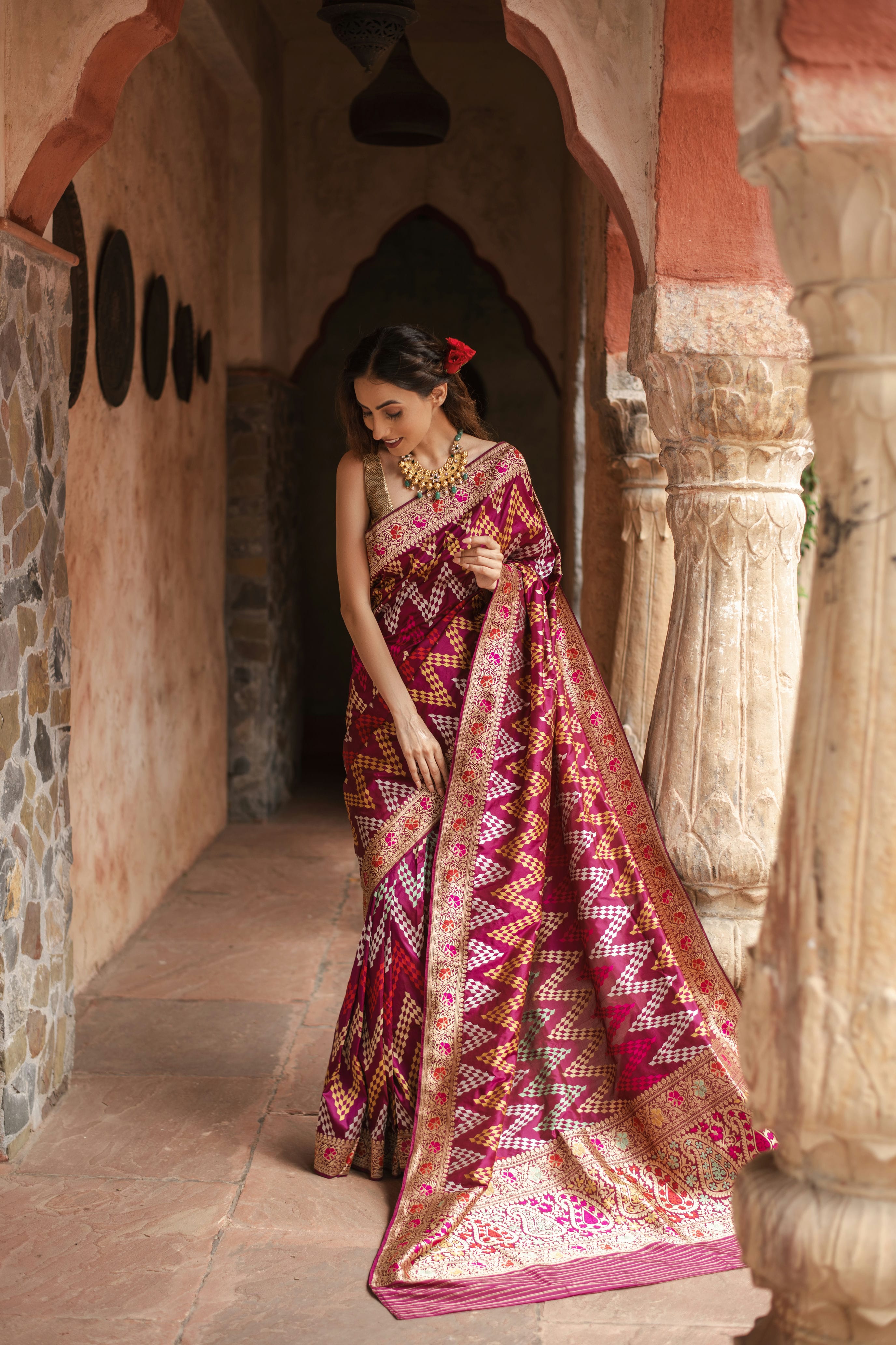 Kaamodini (Meenakari Chevron Jangla Katan Silk Saree)