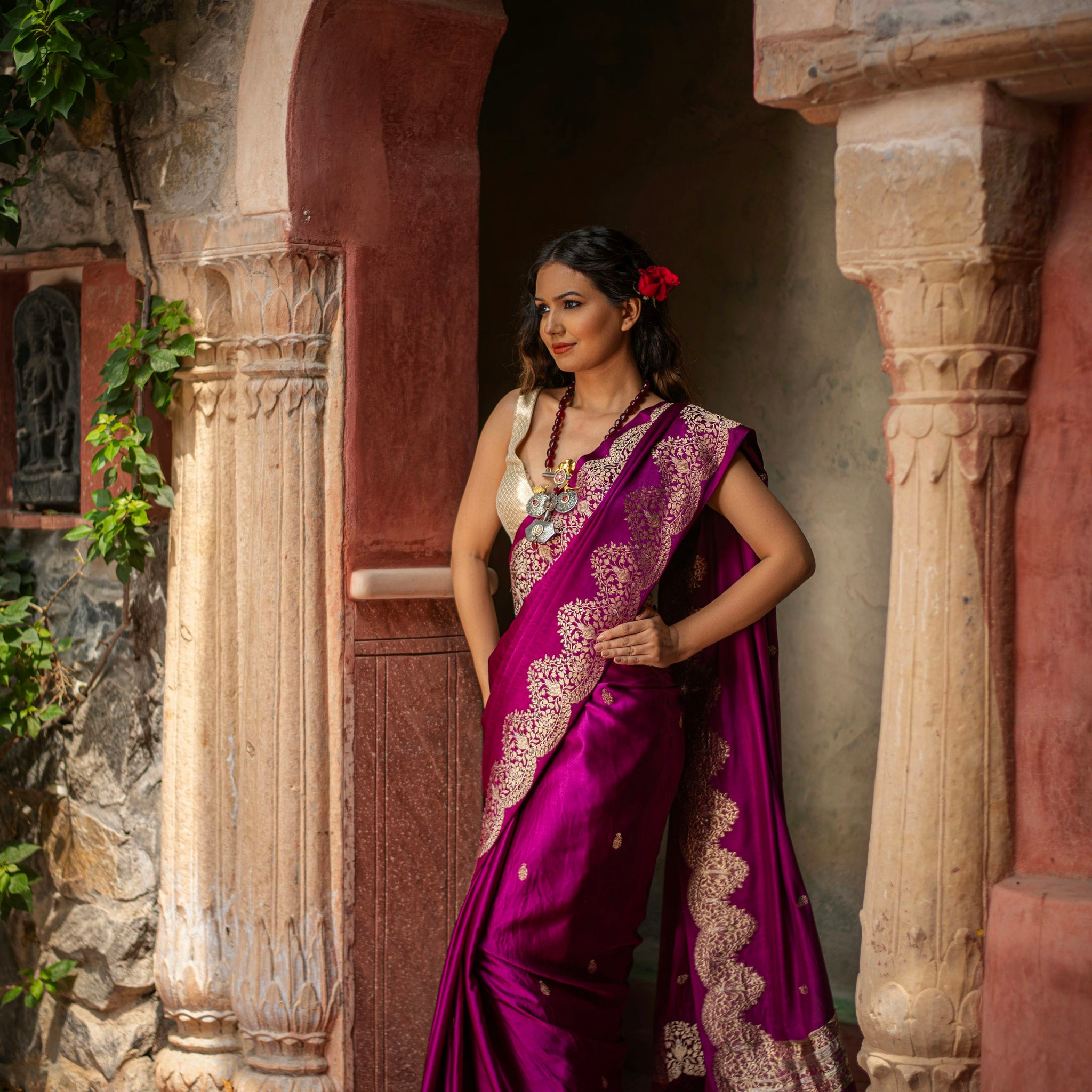 Mushru Silk Saree with Kadwa Weave and Scallop Borders
