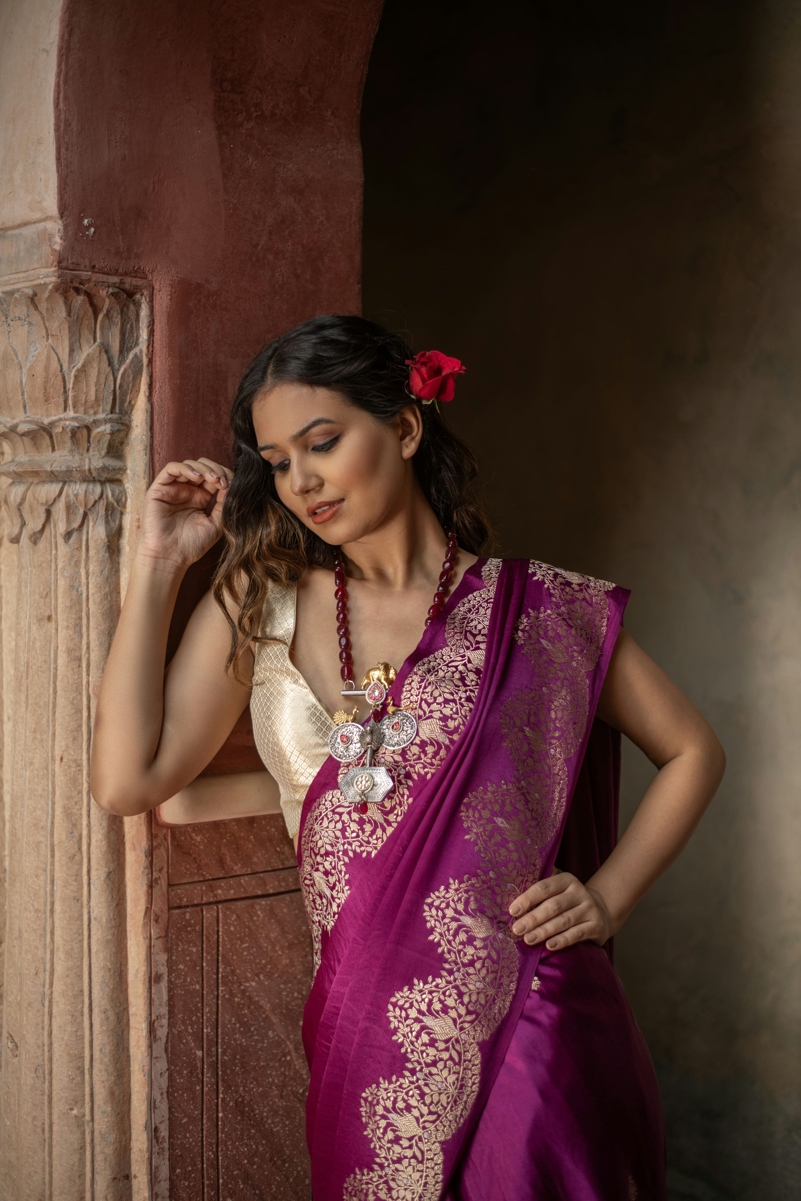 Mushru Silk Saree with Kadwa Weave and Scallop Borders