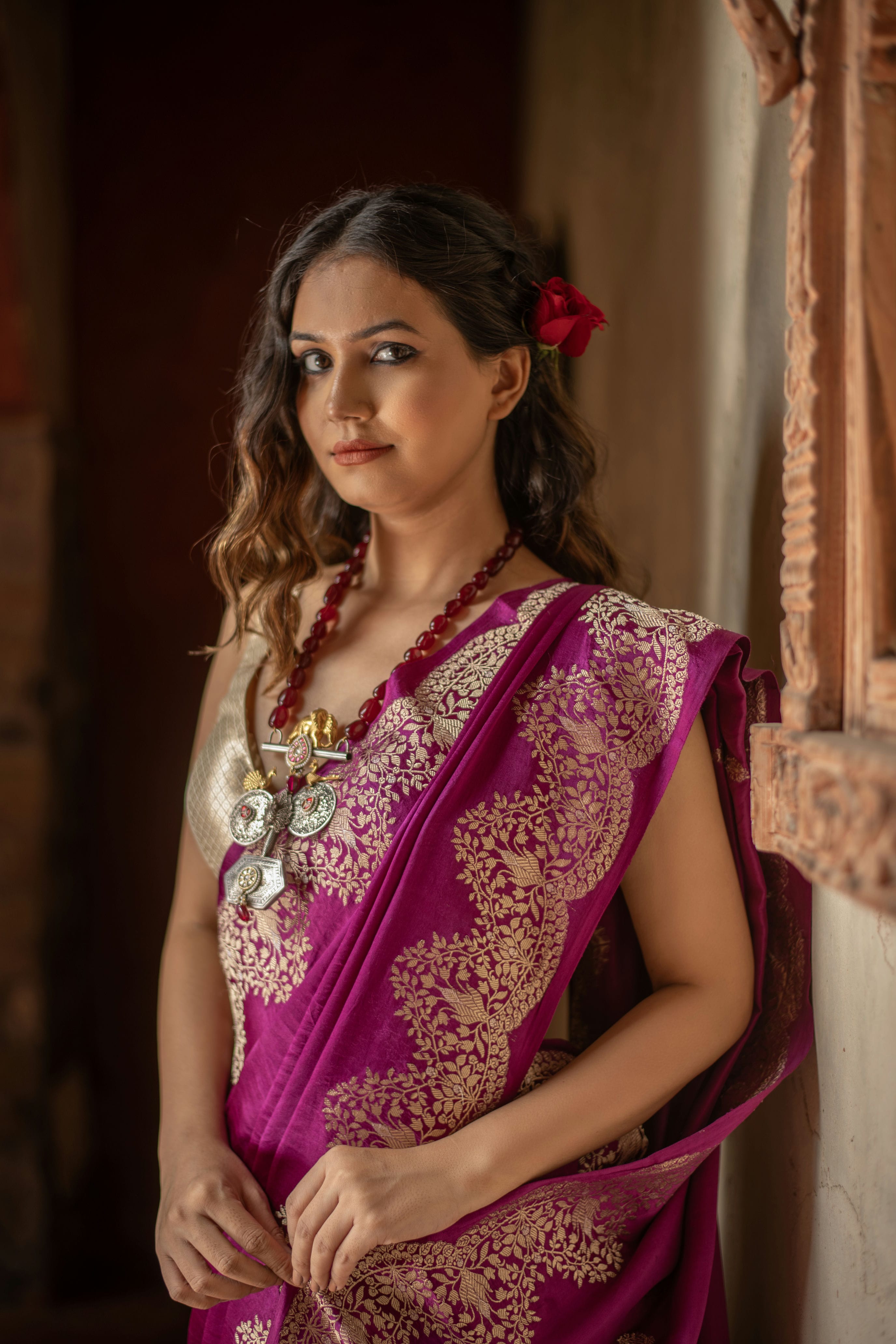 Mushru Silk Saree with Kadwa Weave and Scallop Borders