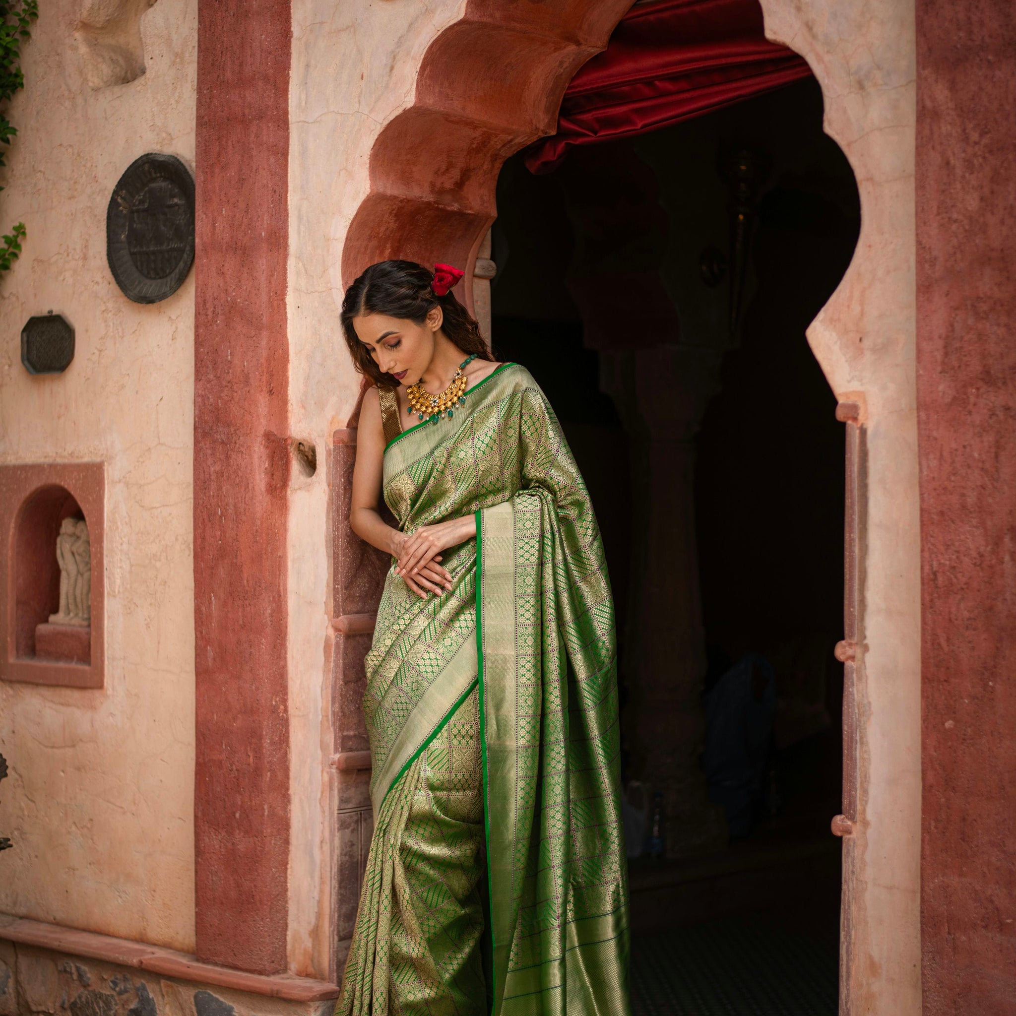 Elegant Banarasi Silk Saree with Unique Checkered Jaal
