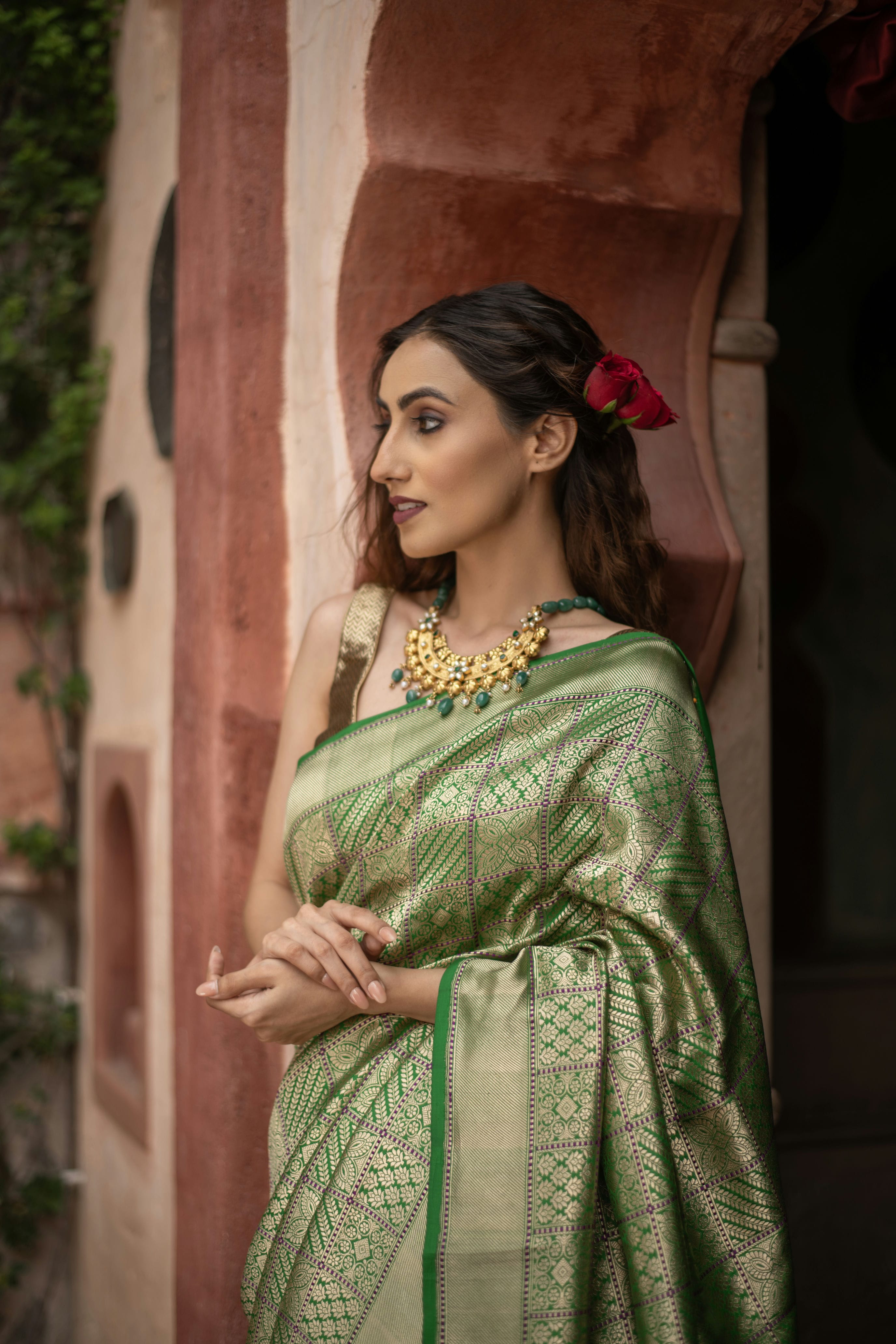 Elegant Banarasi Silk Saree with Unique Checkered Jaal