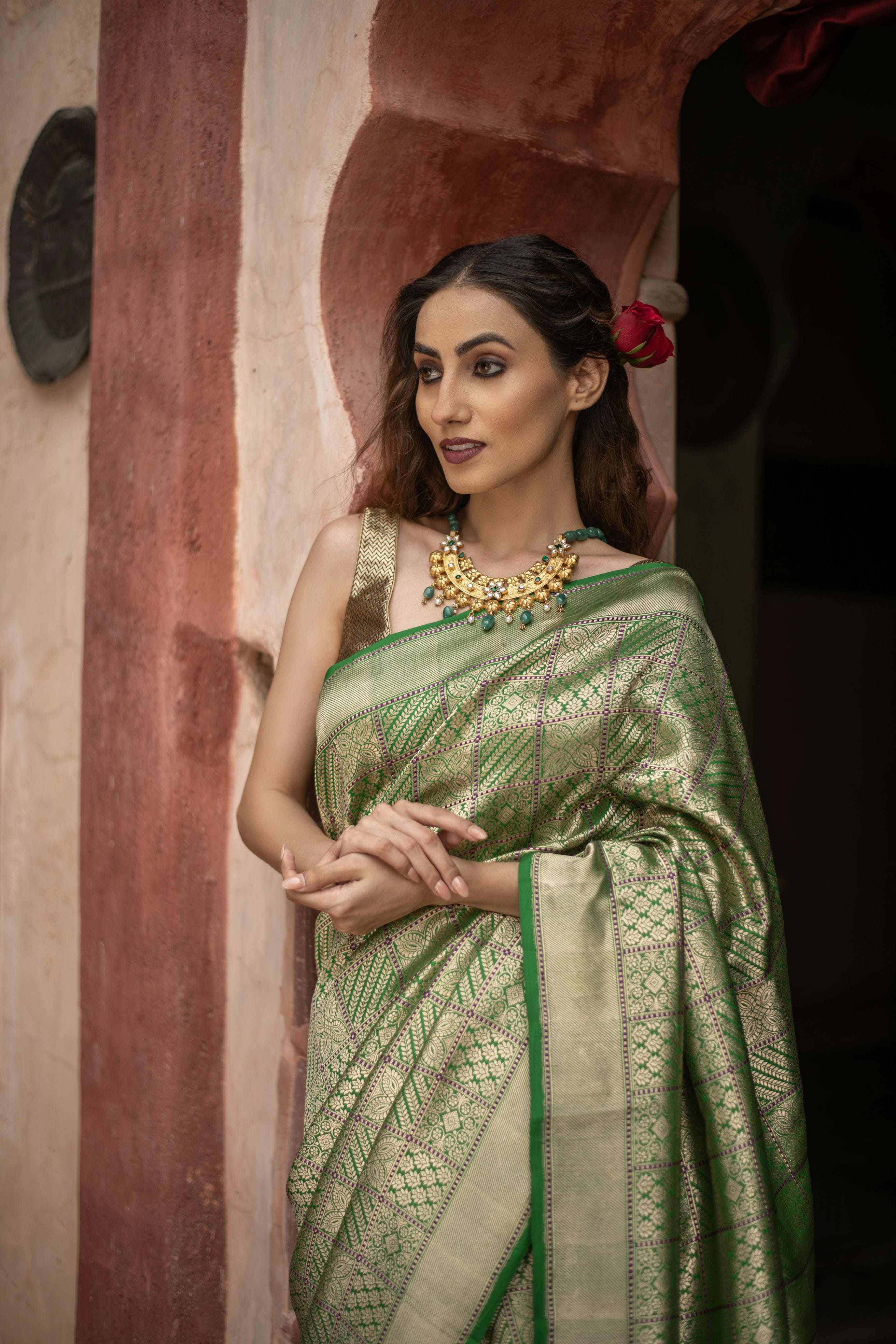 Elegant Banarasi Silk Saree with Unique Checkered Jaal