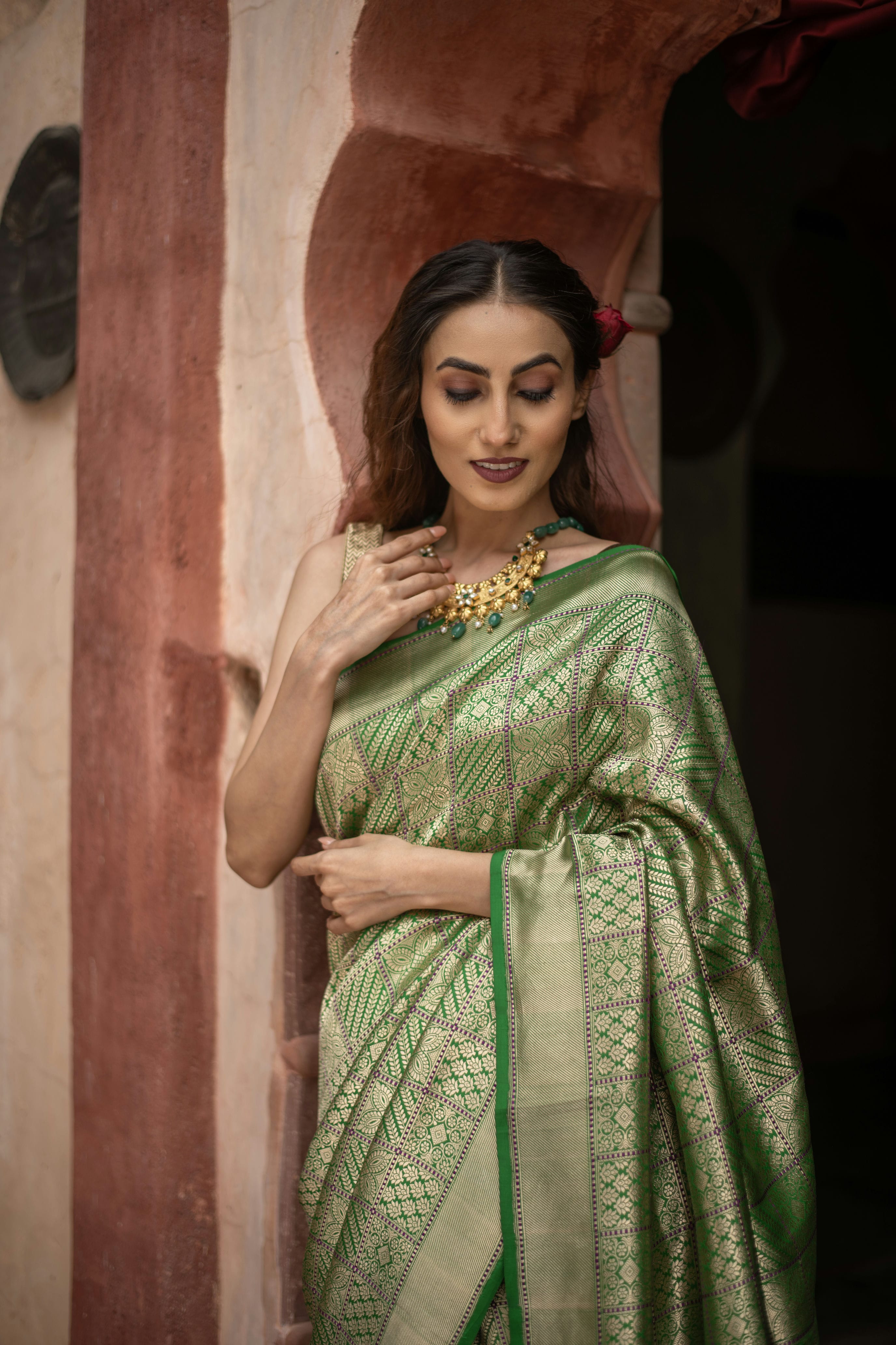 Elegant Banarasi Silk Saree with Unique Checkered Jaal
